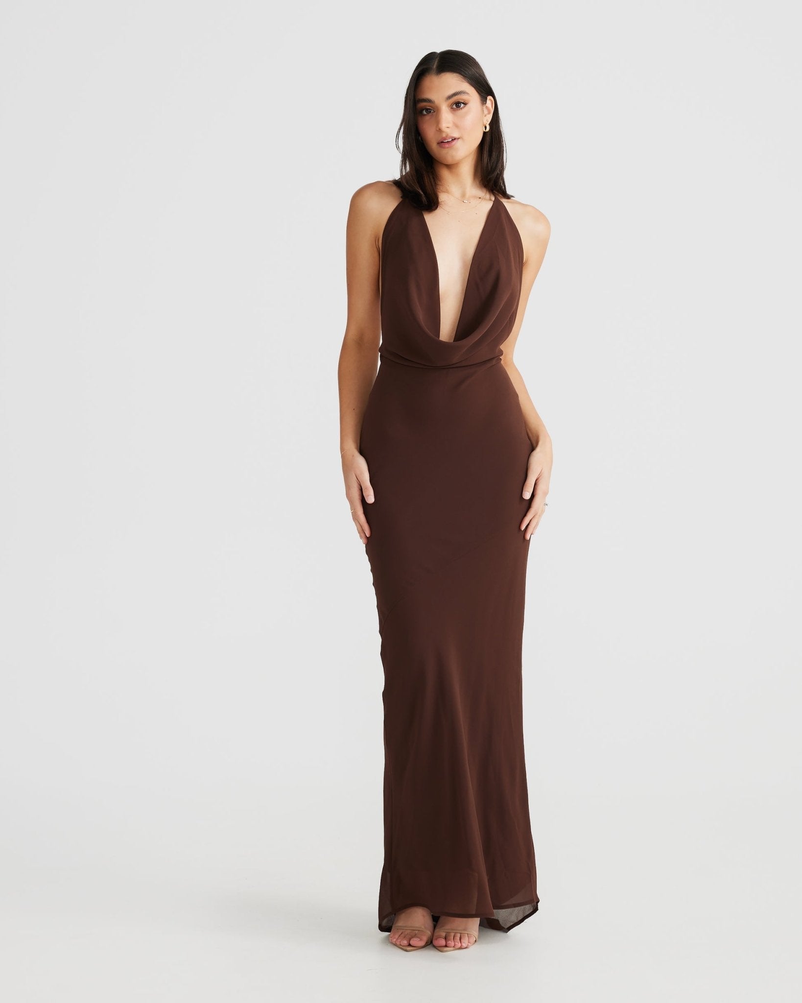 MÉLANI The Label LOPEZ Cowl Neck Chiffon Backless Dress in Australia | One Honey Boutique