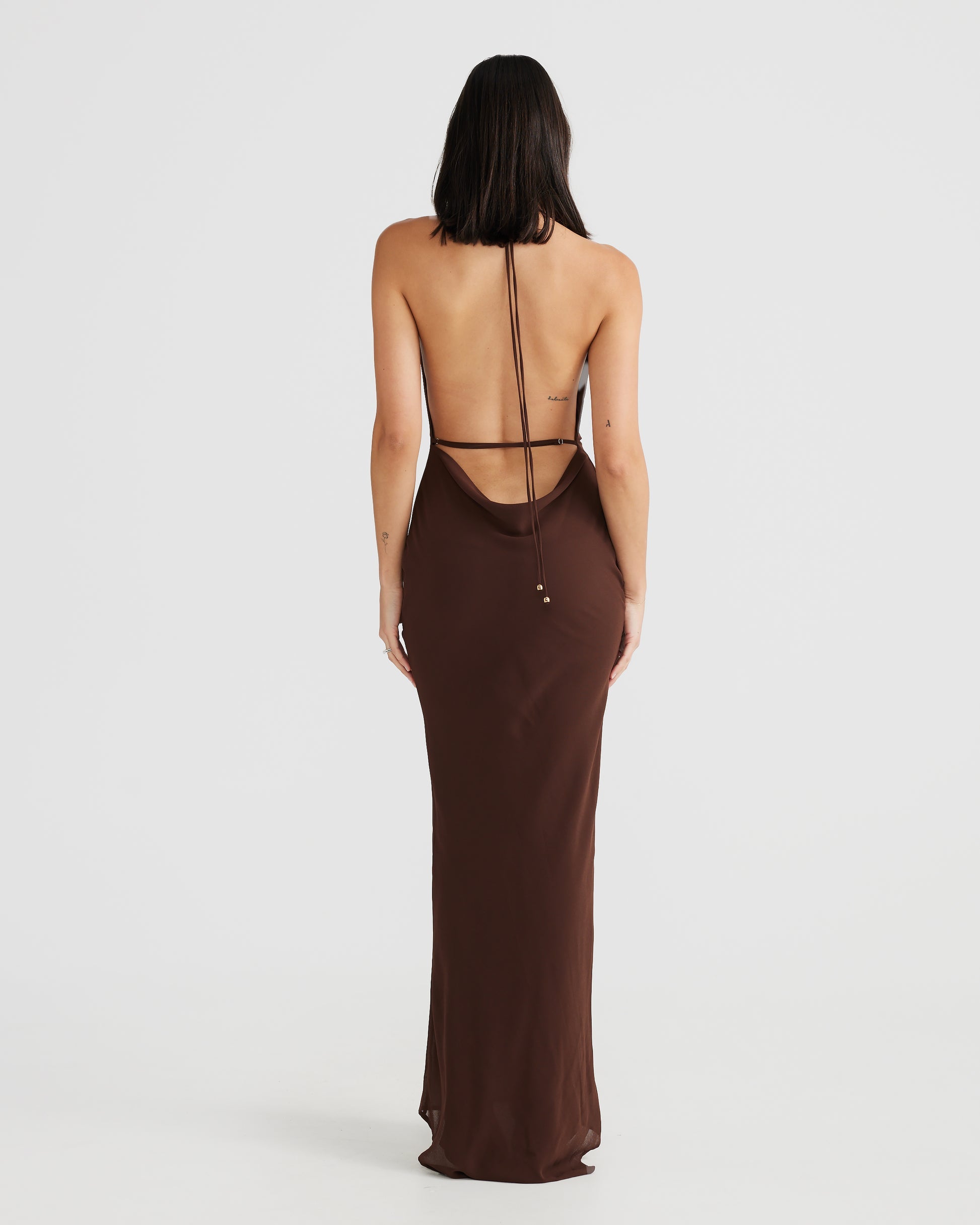 MÉLANI The Label LOPEZ Brown Cowl Neck Chiffon Backless Dress