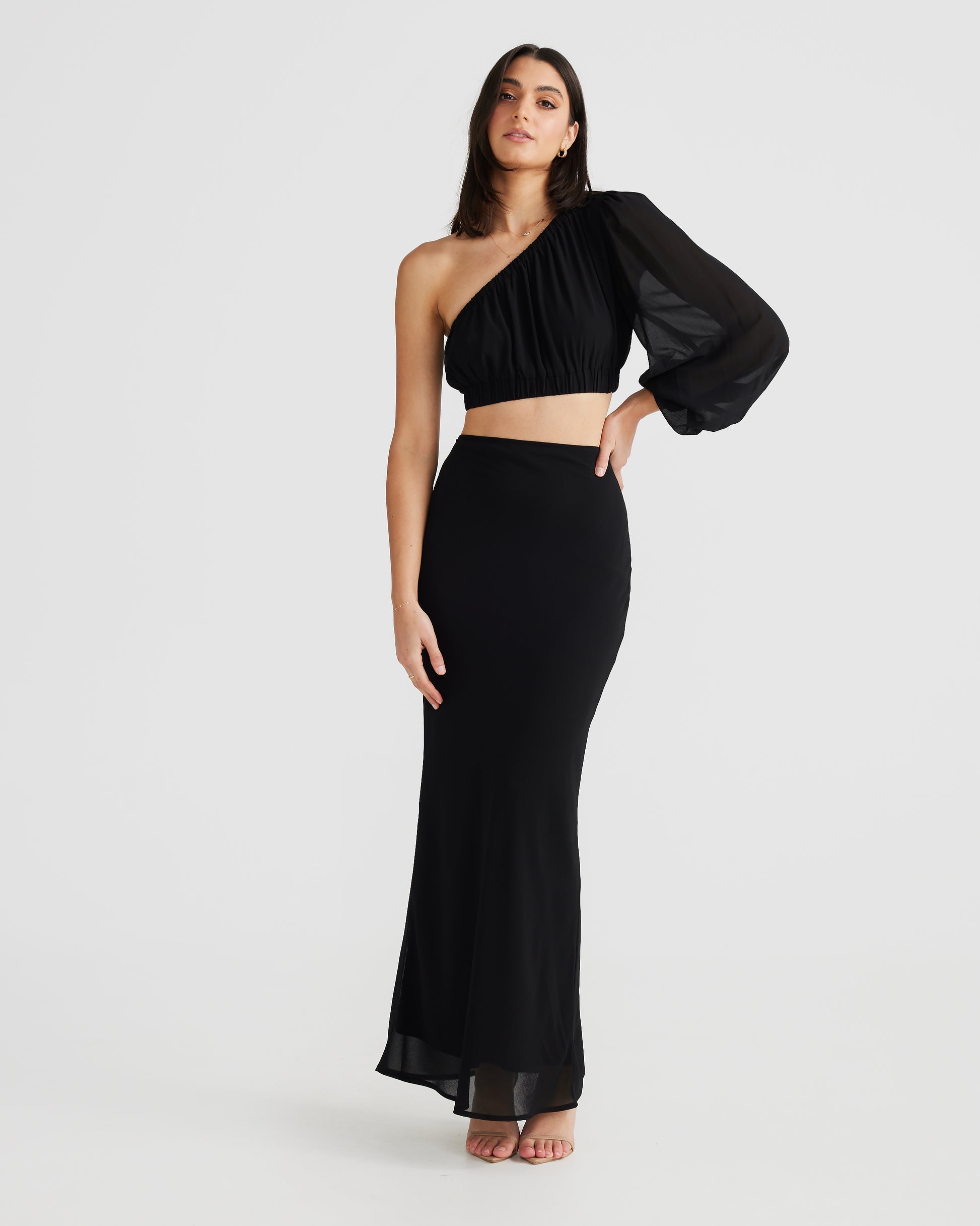 MÉLANI The Label EBONI SET Black Chiffon One Shoulder Two-Piece Set