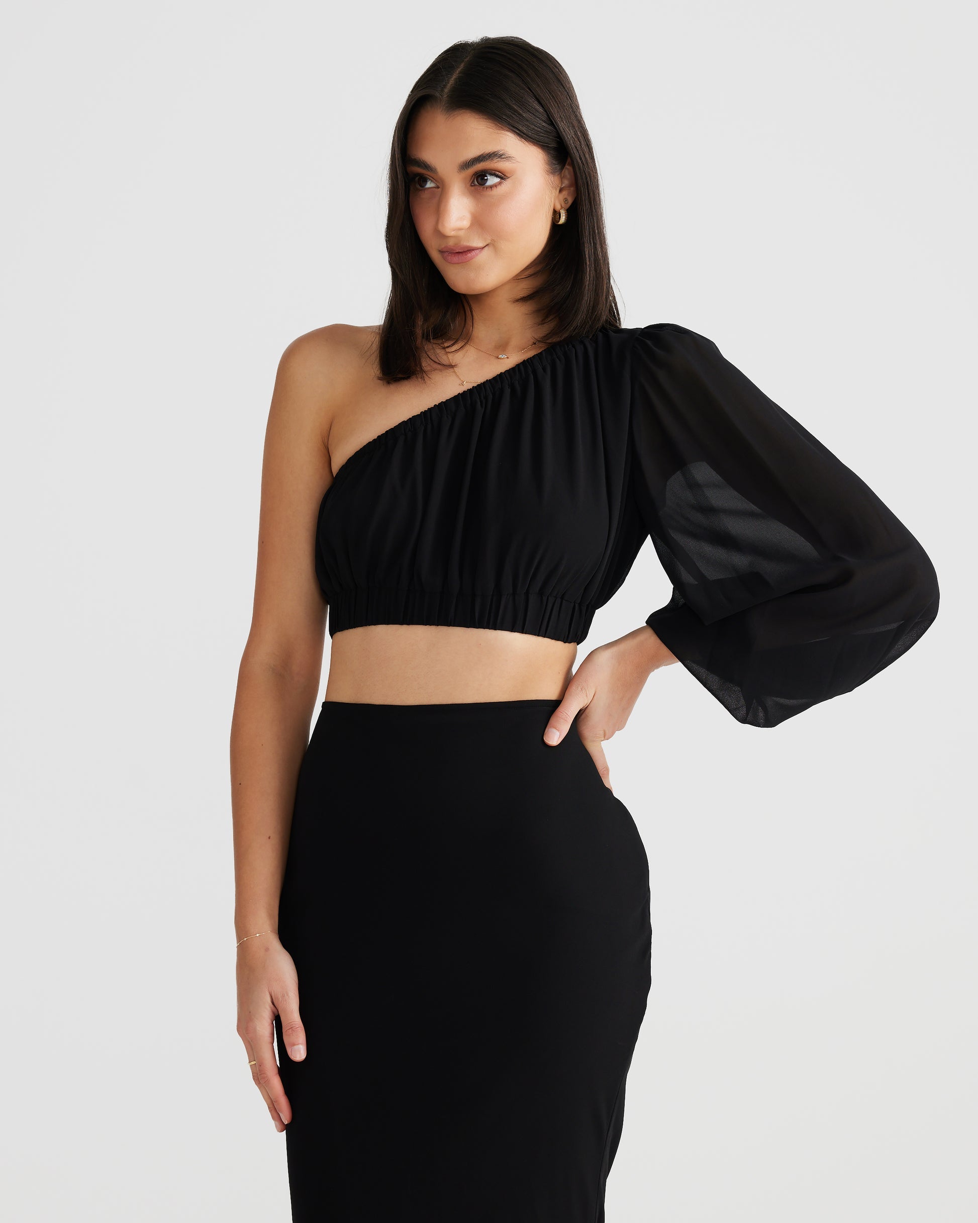 MÉLANI The Label EBONI SET Black Chiffon One Shoulder Two-Piece Set