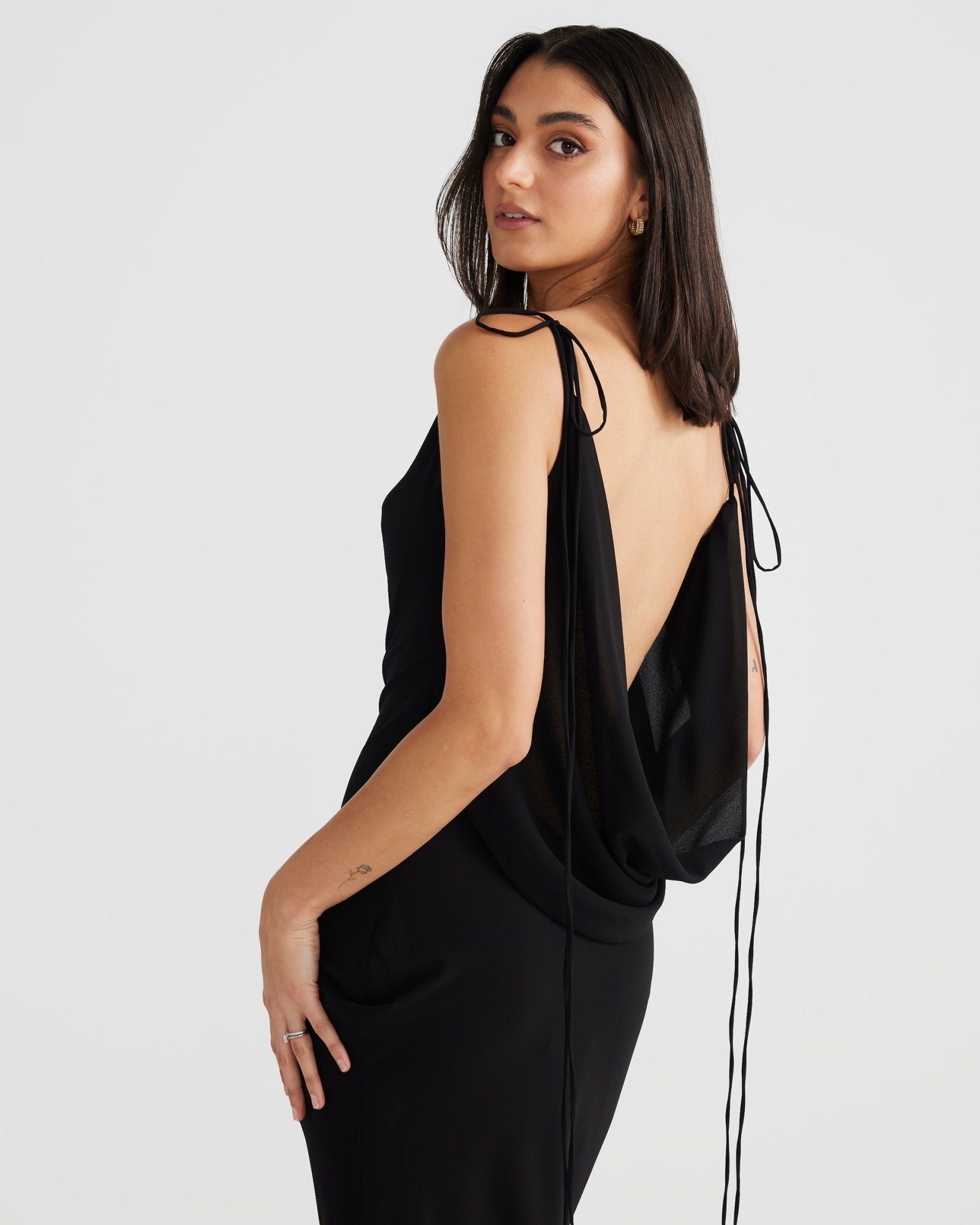 MÉLANI The Label AMALI Cowl Neck Chiffon Backless Dress in Australia | One Honey Boutique