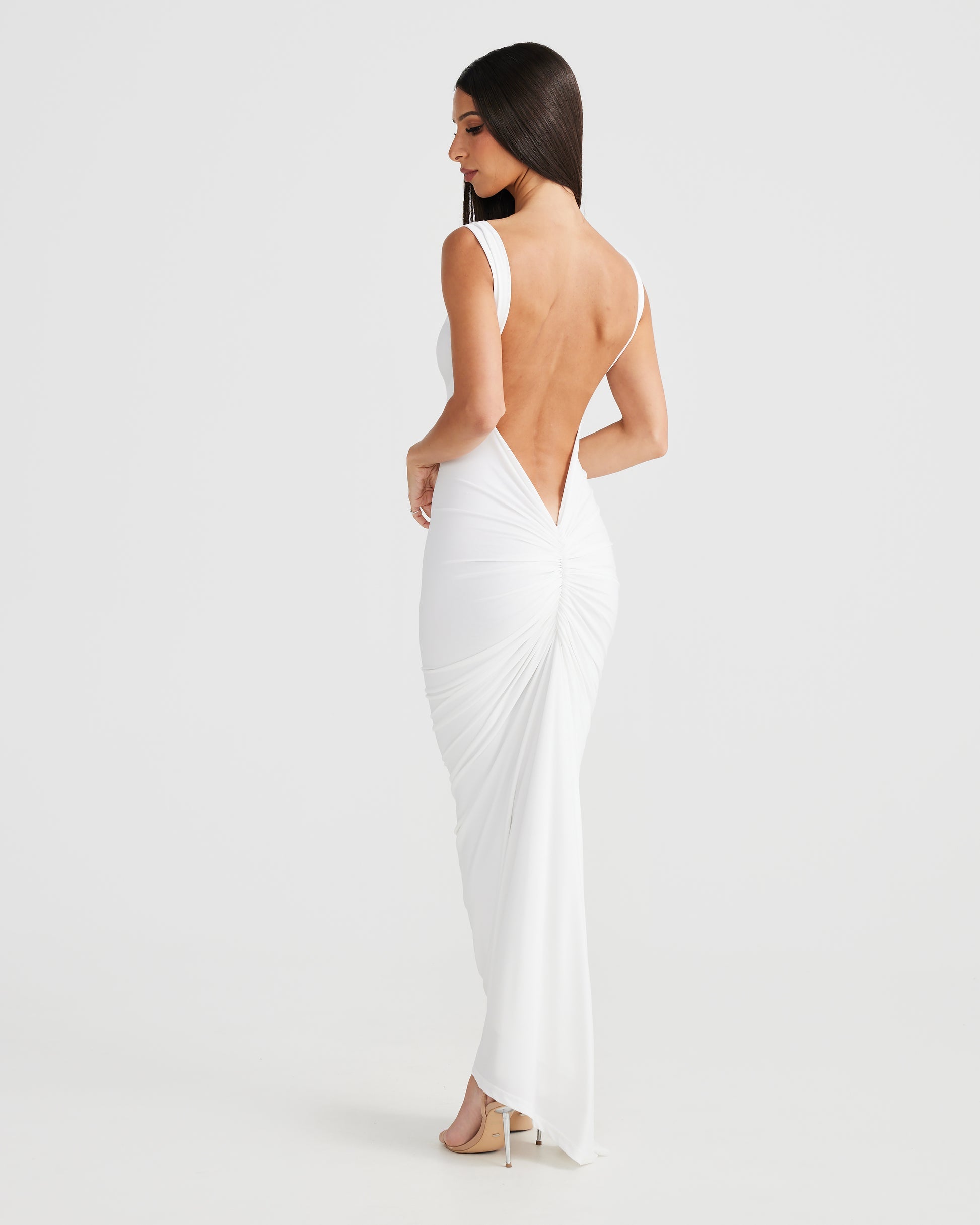 MÉLANI The Label SABIA White Ruched Bum Backless Dress