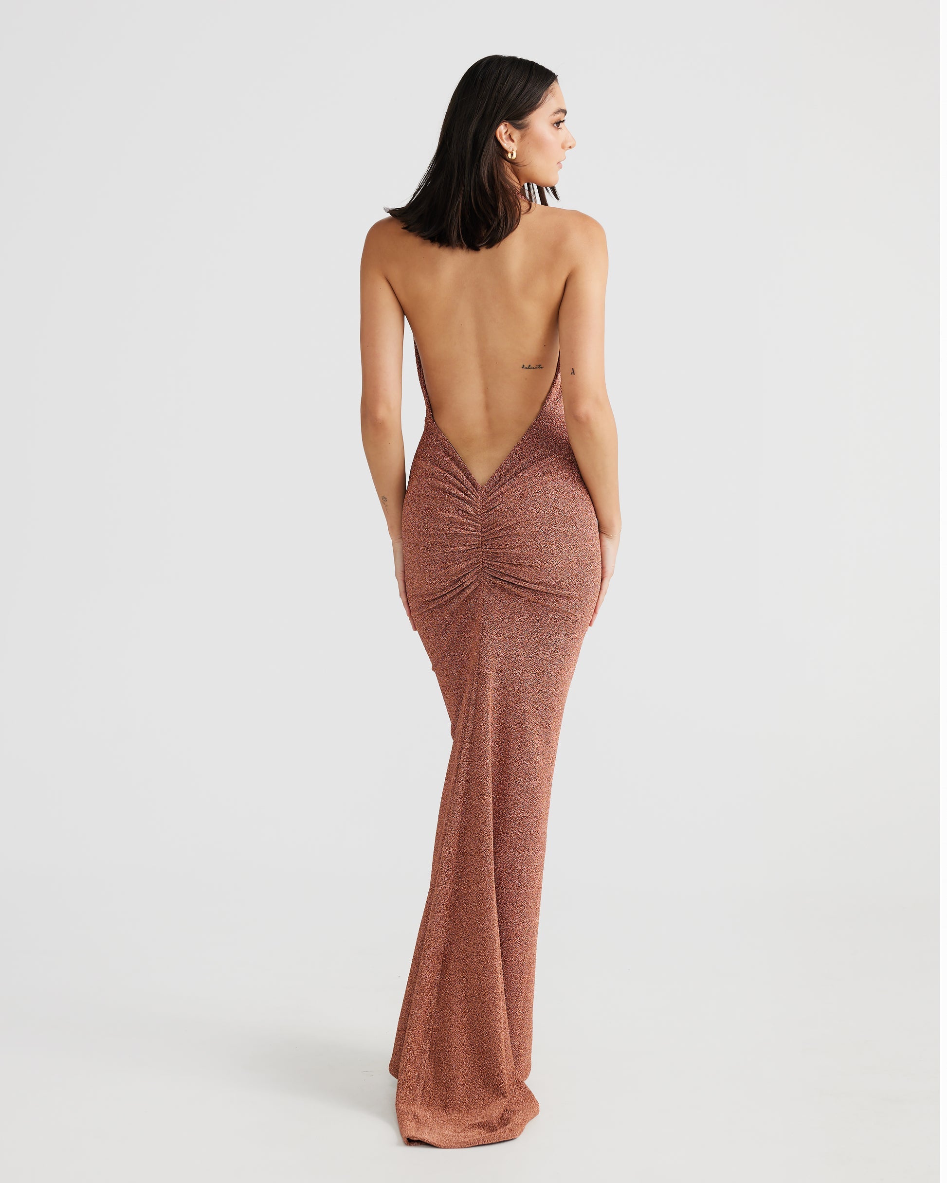 MÉLANI The Label MARIA Bronze Gold Foil Cowl Neck Open Back Dress