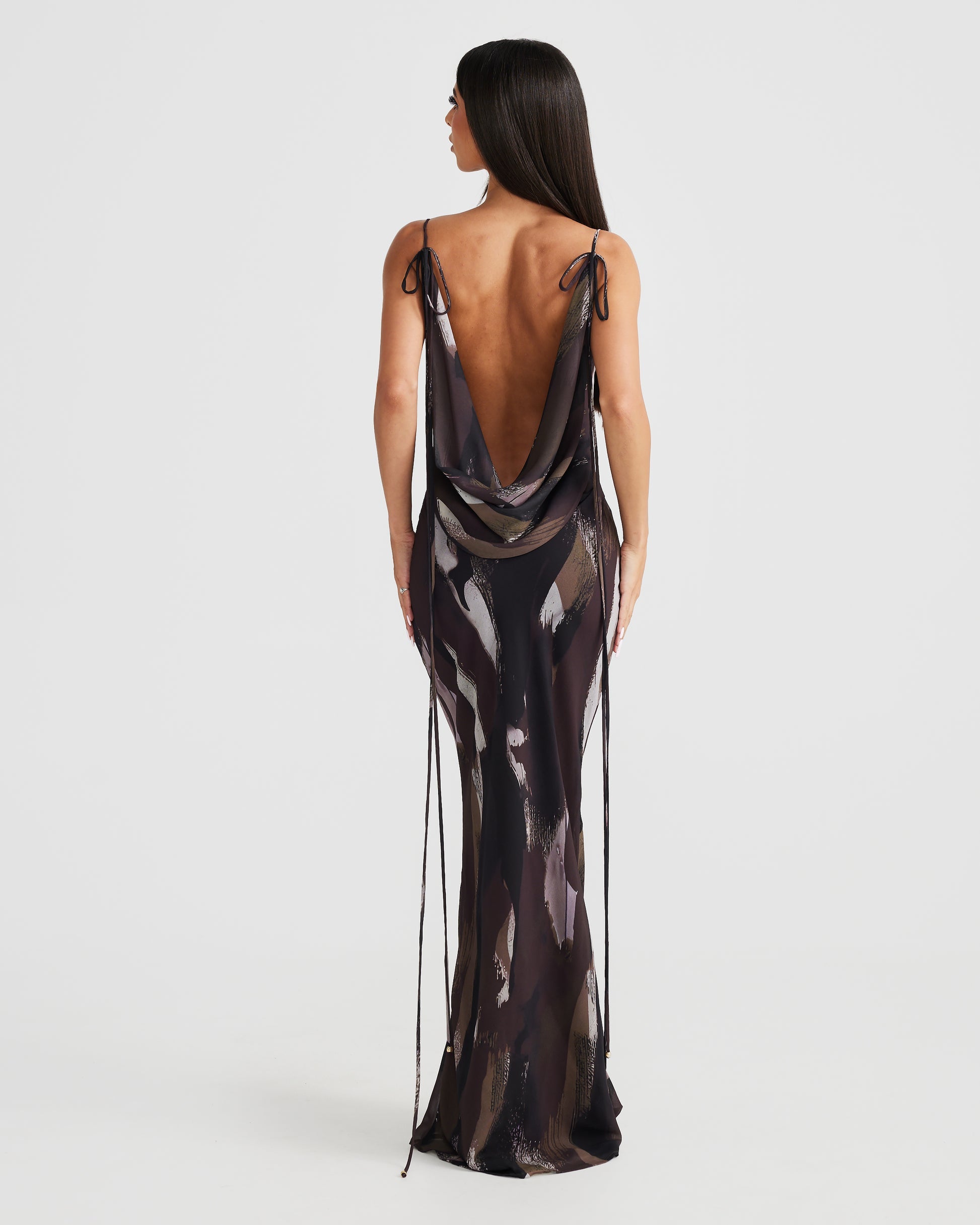 MÉLANI The Label AMALI Unbound Print Cowl Neck Chiffon Backless Dress