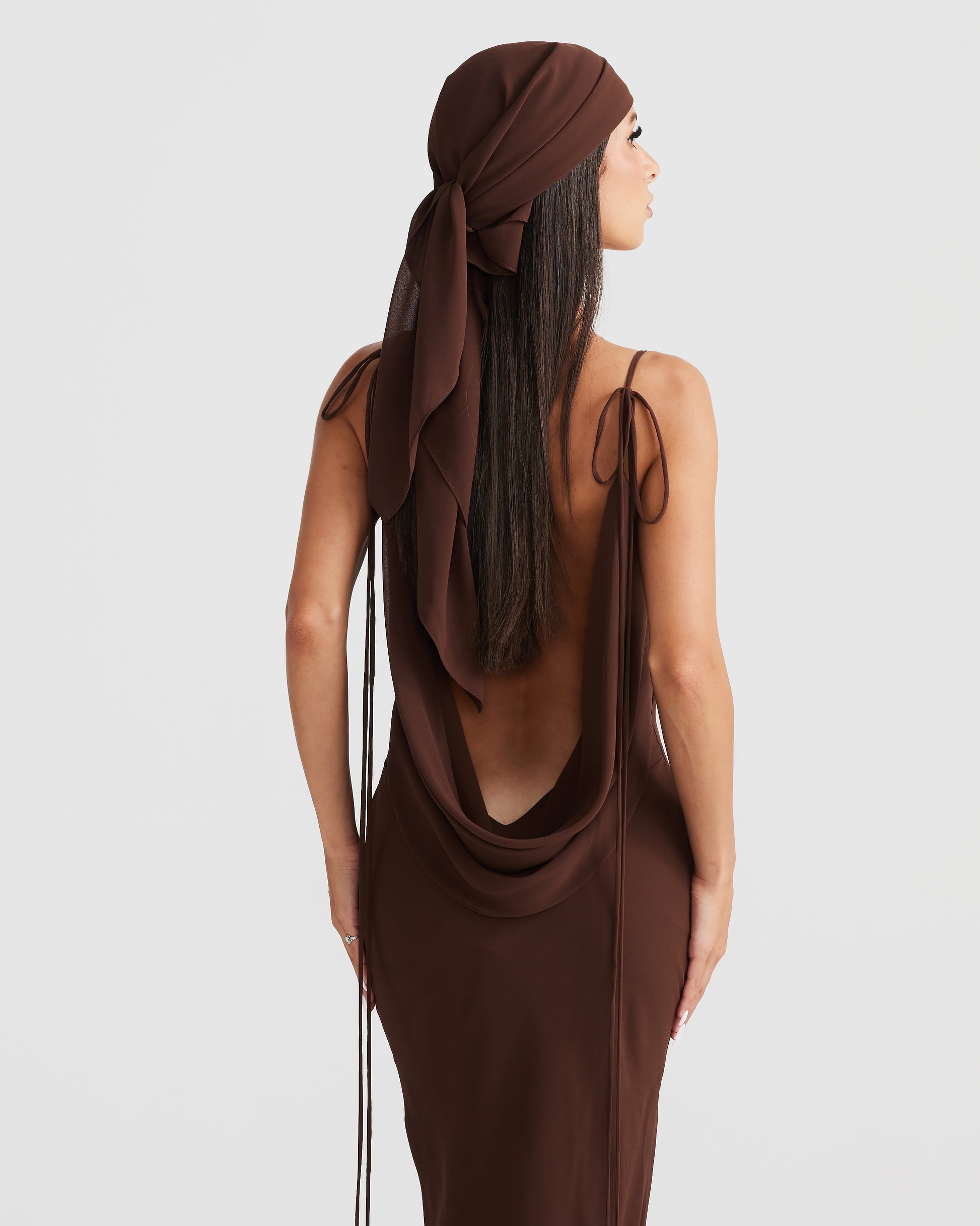 MÉLANI The Label AMALI Brown Cowl Neck Chiffon Backless Dress