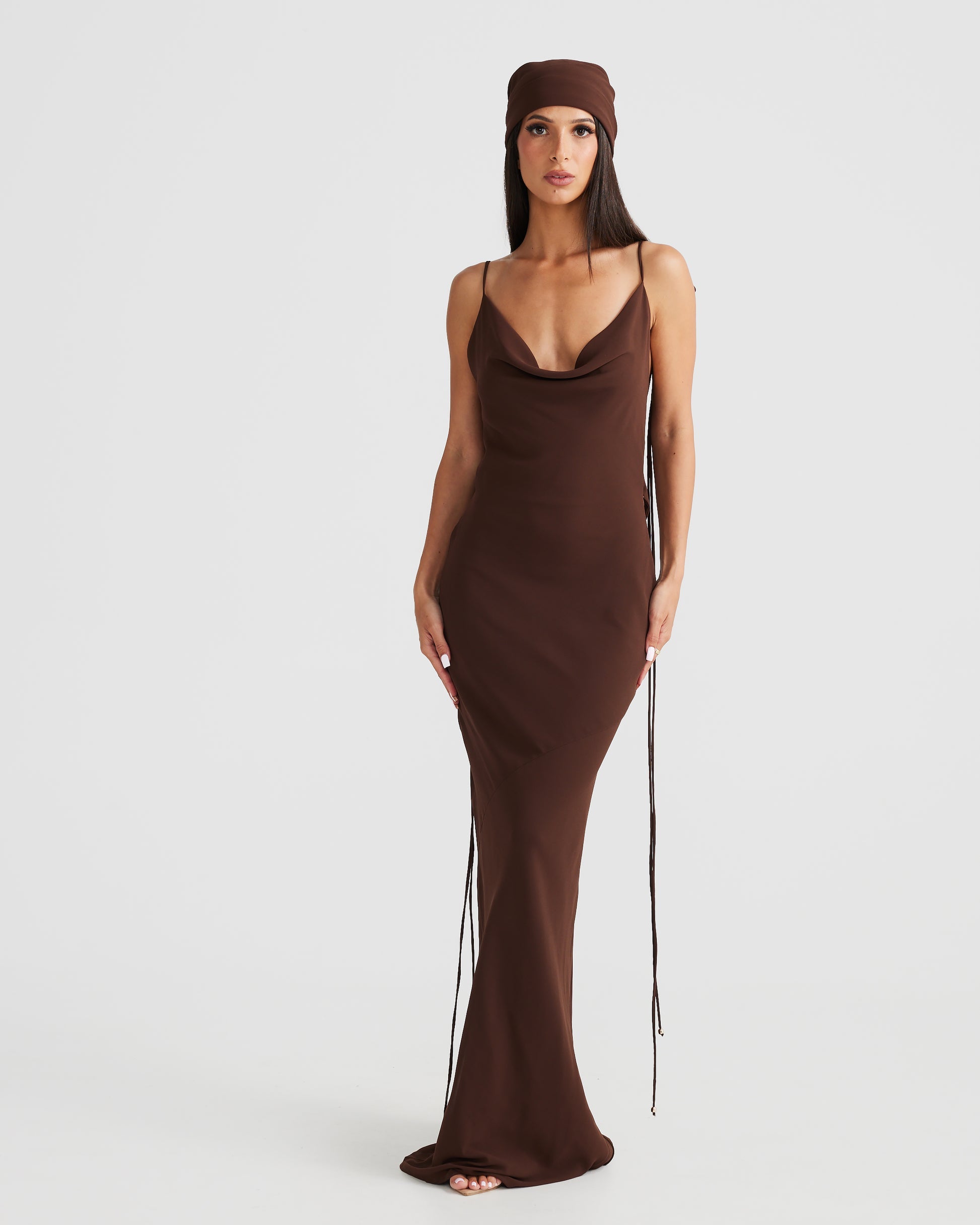 MÉLANI The Label AMALI Brown Cowl Neck Chiffon Backless Dress