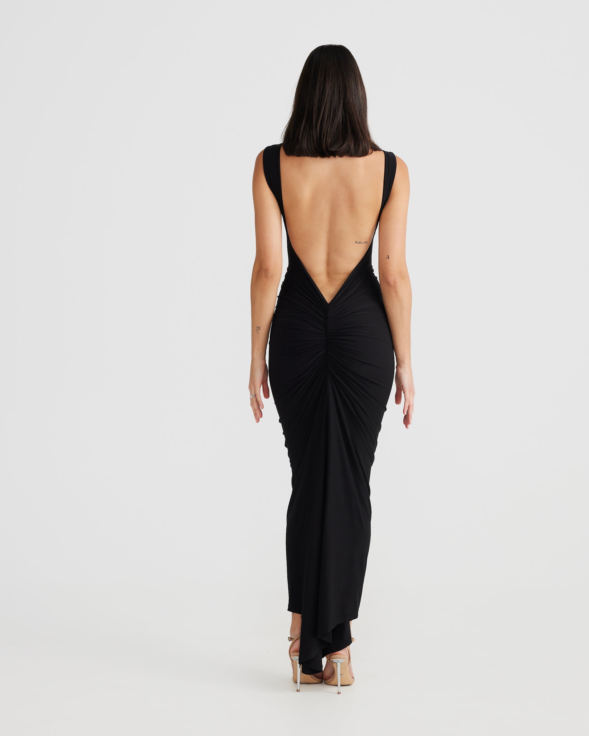 MÉLANI The Label SABIA Black Ruched Bum Backless Dress
