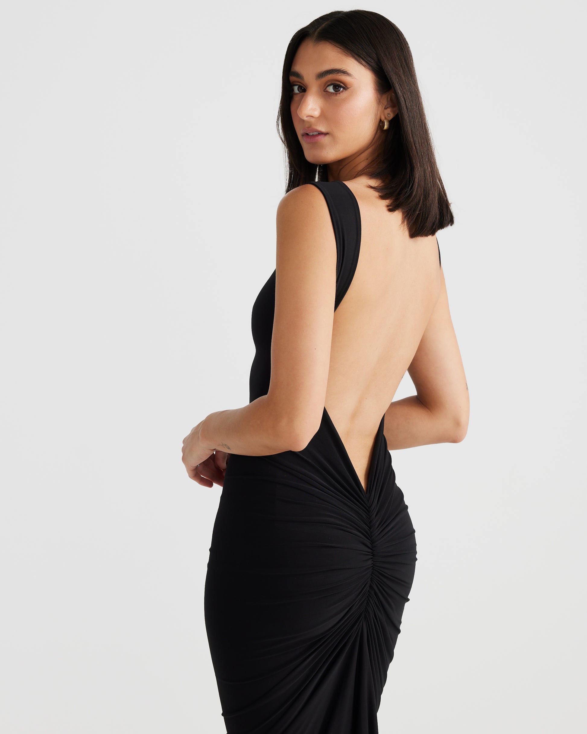 MÉLANI The Label SABIA Black Ruched Bum Backless Dress