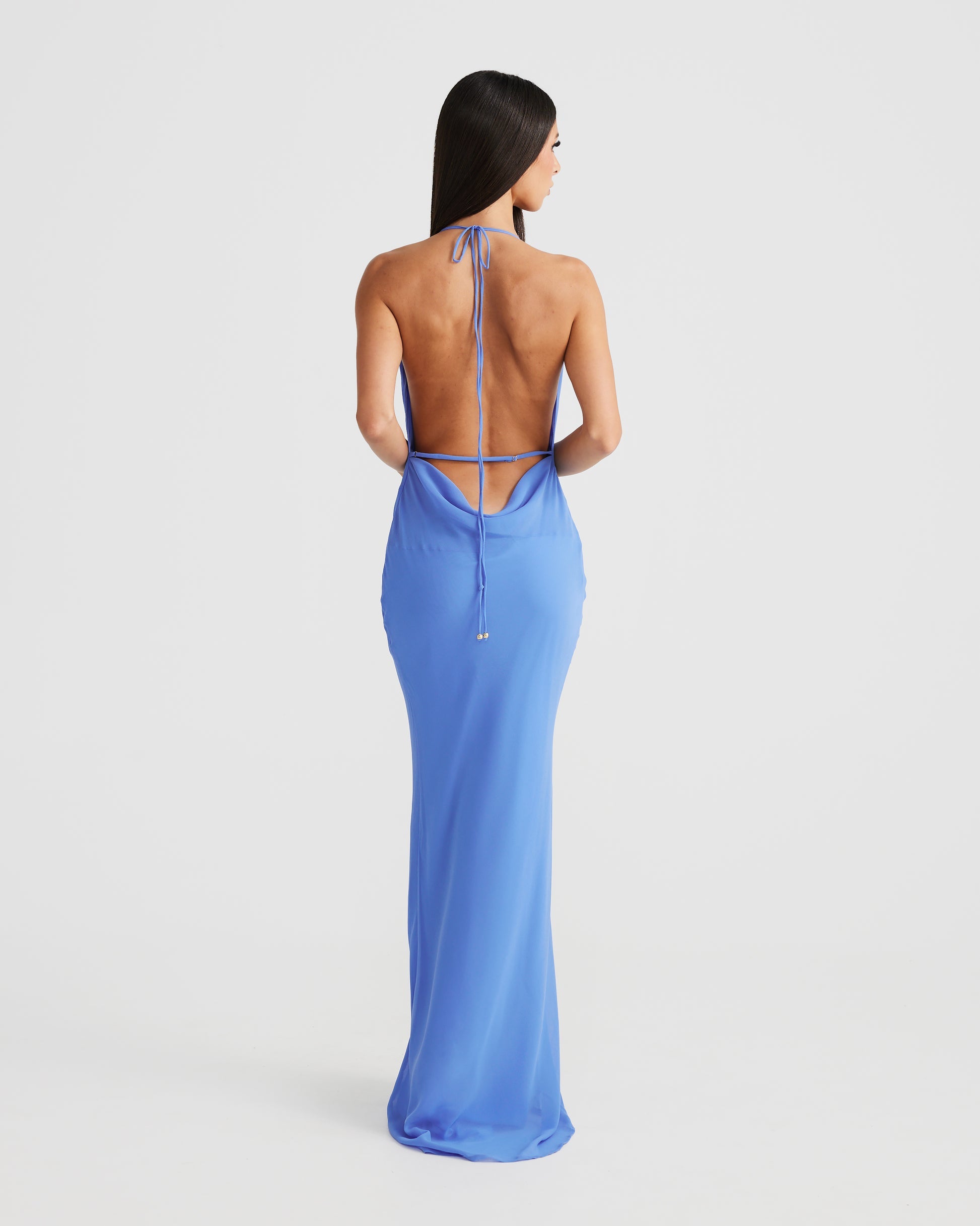 MÉLANI The Label LOPEZ Ocean Blue Cowl Neck Chiffon Backless Dress