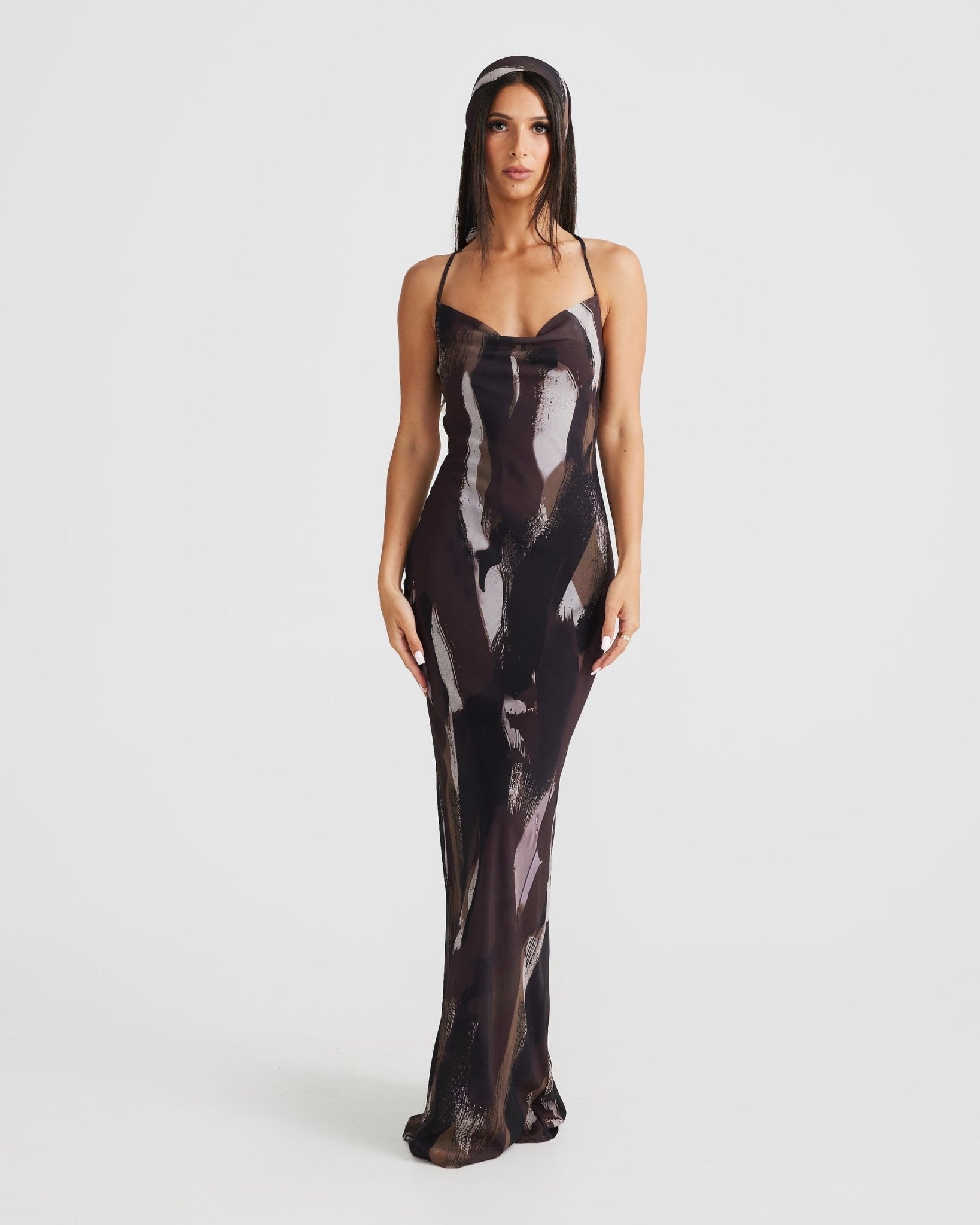 MÉLANI The Label AVA Unbound Print Cowl Neck Chiffon Backless Dress in Australia | One Honey Boutique