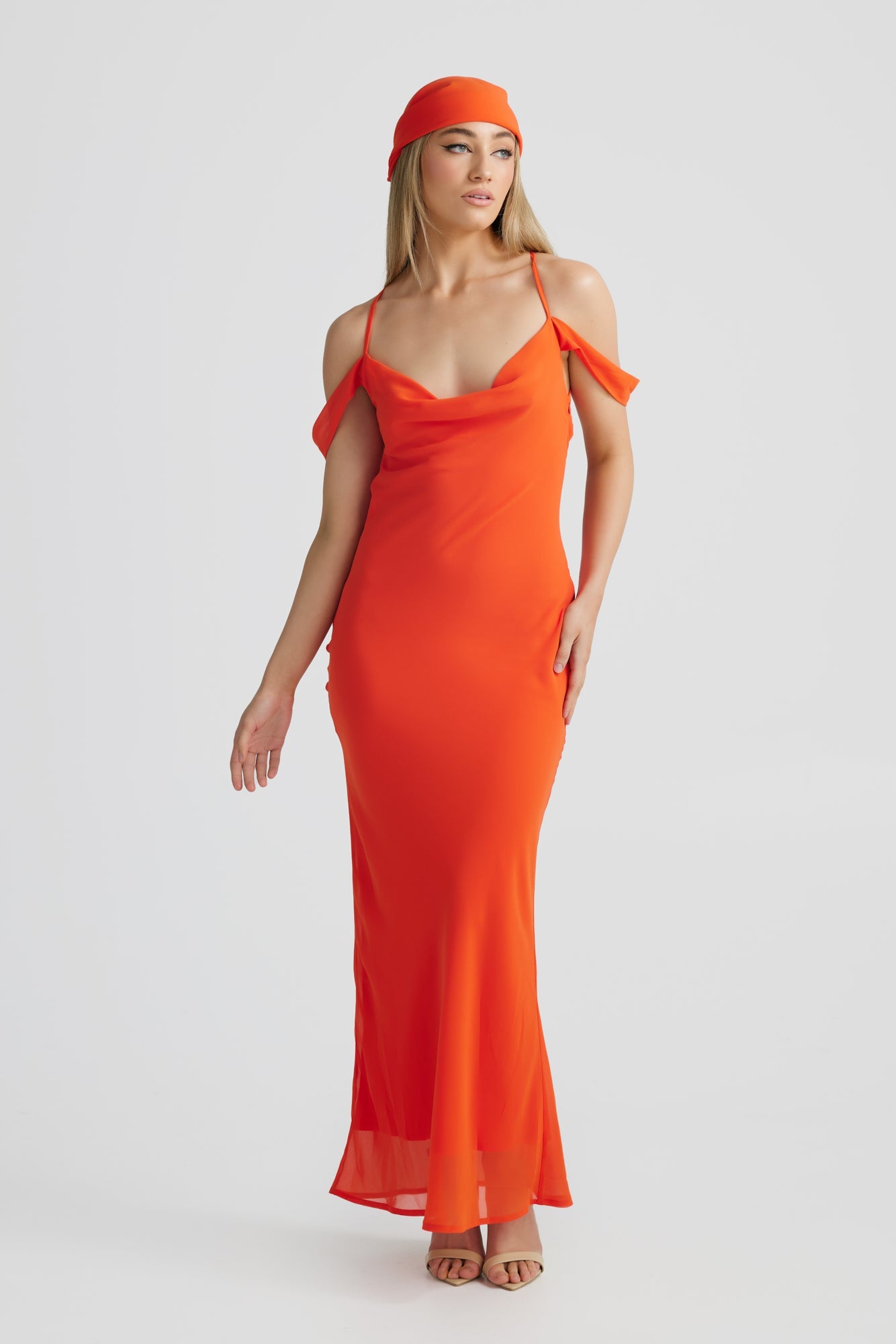 MÉLANI The Label VIENNA Tangerine Low Back Chiffon Maxi Dress