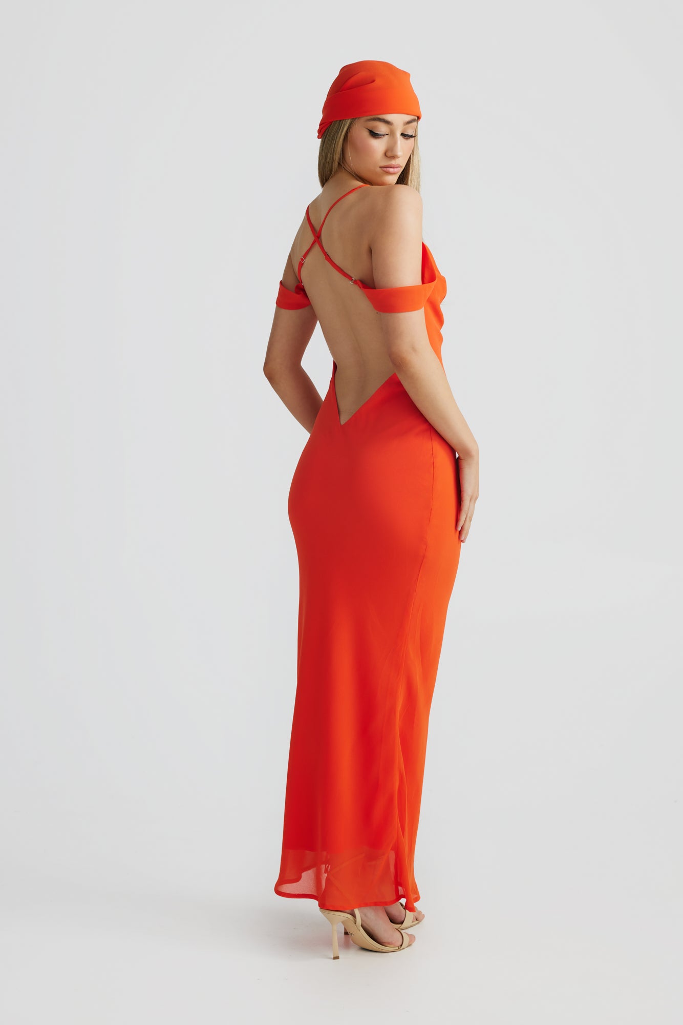 MÉLANI The Label VIENNA Tangerine Low Back Chiffon Maxi Dress