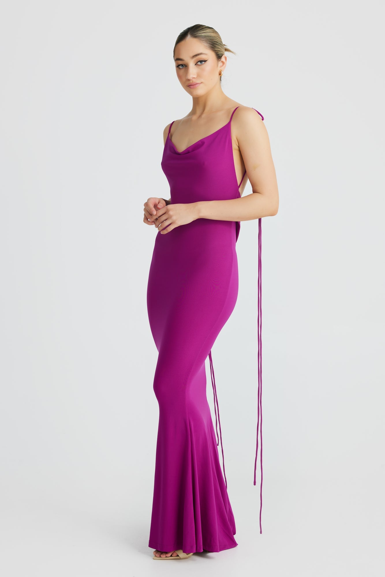 MÉLANI The Label CRISTINA Purple Drape Low Back Dress
