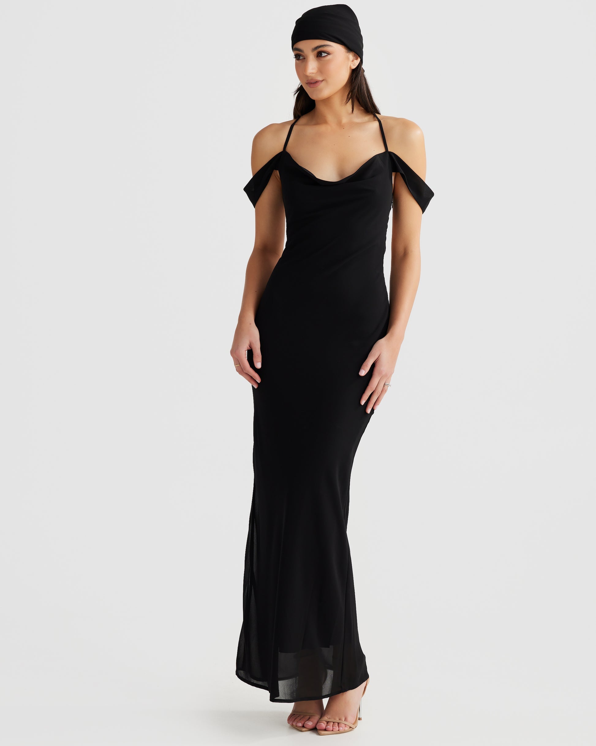 MÉLANI The Label VIENNA Black Low Back Chiffon Maxi Dress