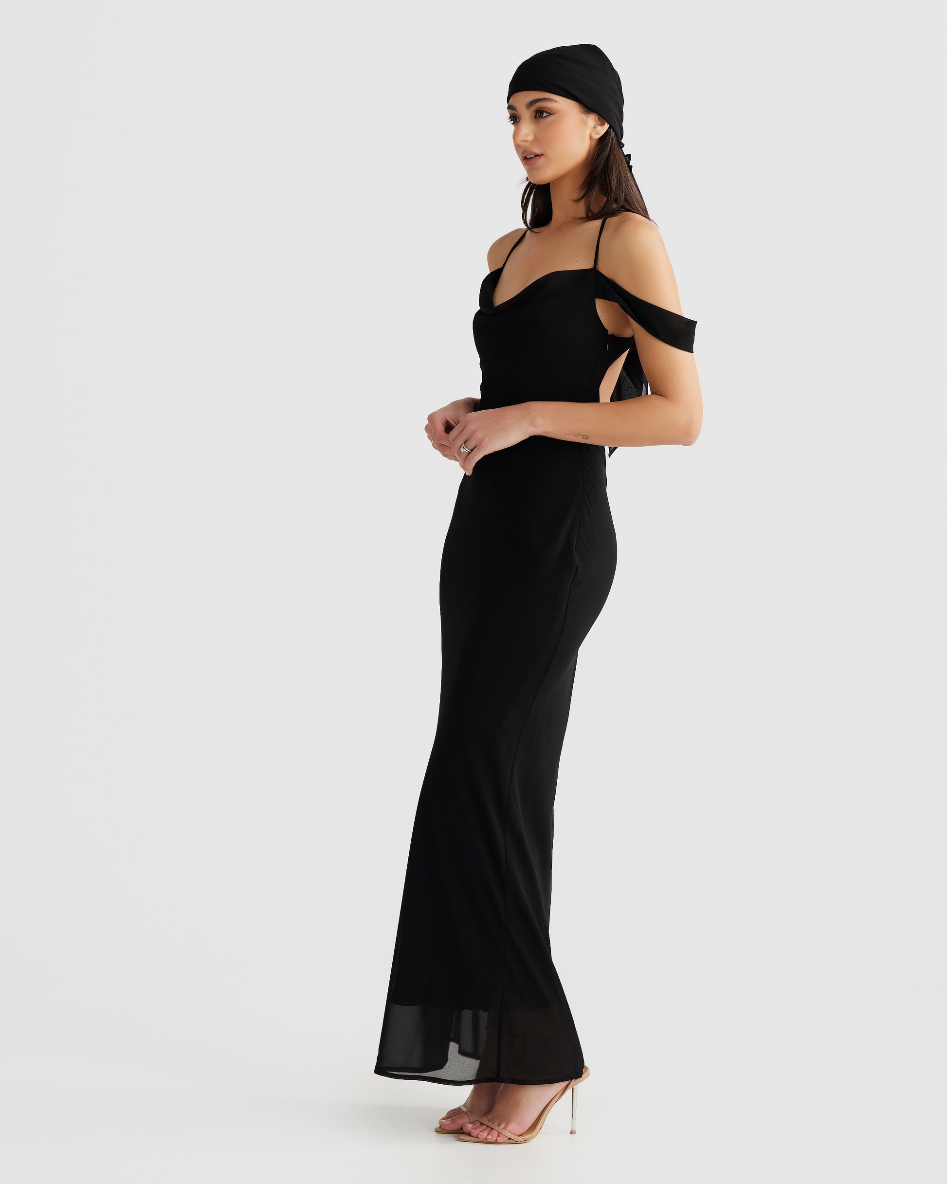 MÉLANI The Label VIENNA Black Low Back Chiffon Maxi Dress