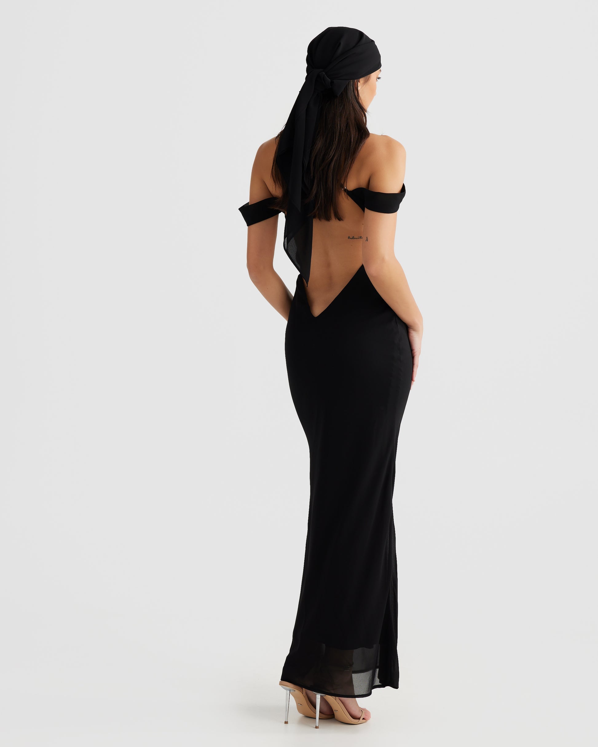 MÉLANI The Label VIENNA Black Low Back Chiffon Maxi Dress