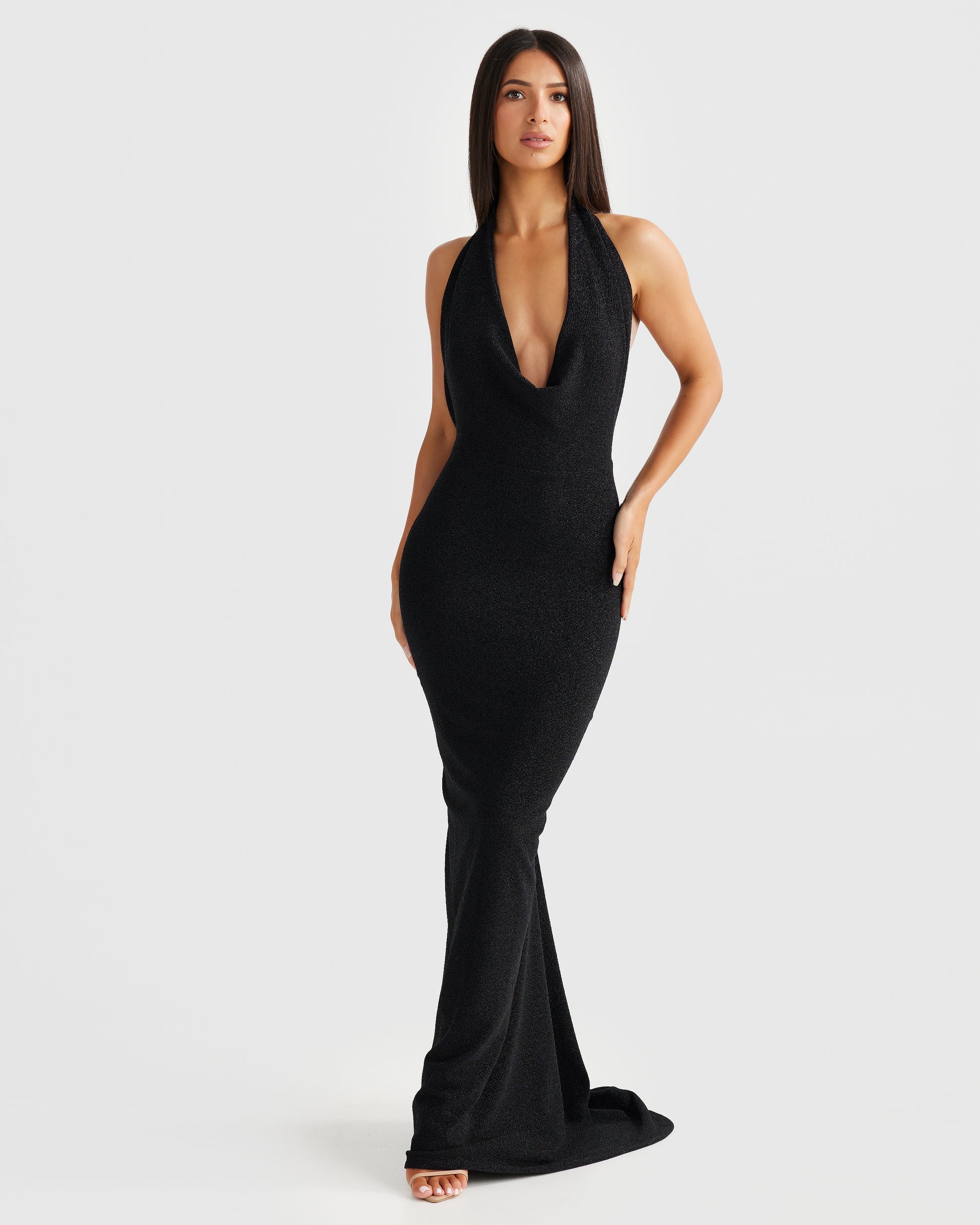 MÉLANI The Label MARIA Black Foil Cowl Neck Open Back Dress