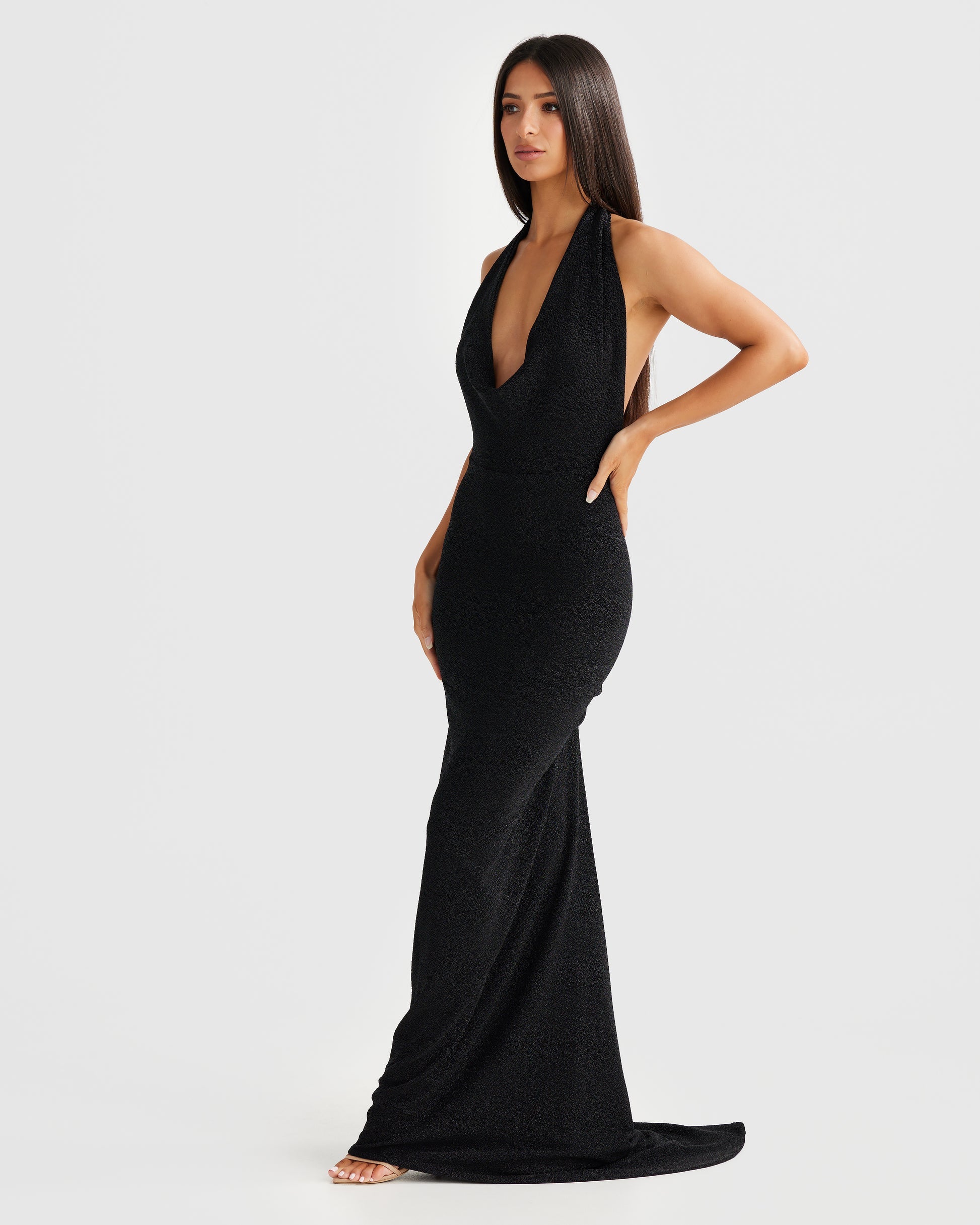 MÉLANI The Label MARIA Black Foil Cowl Neck Open Back Dress