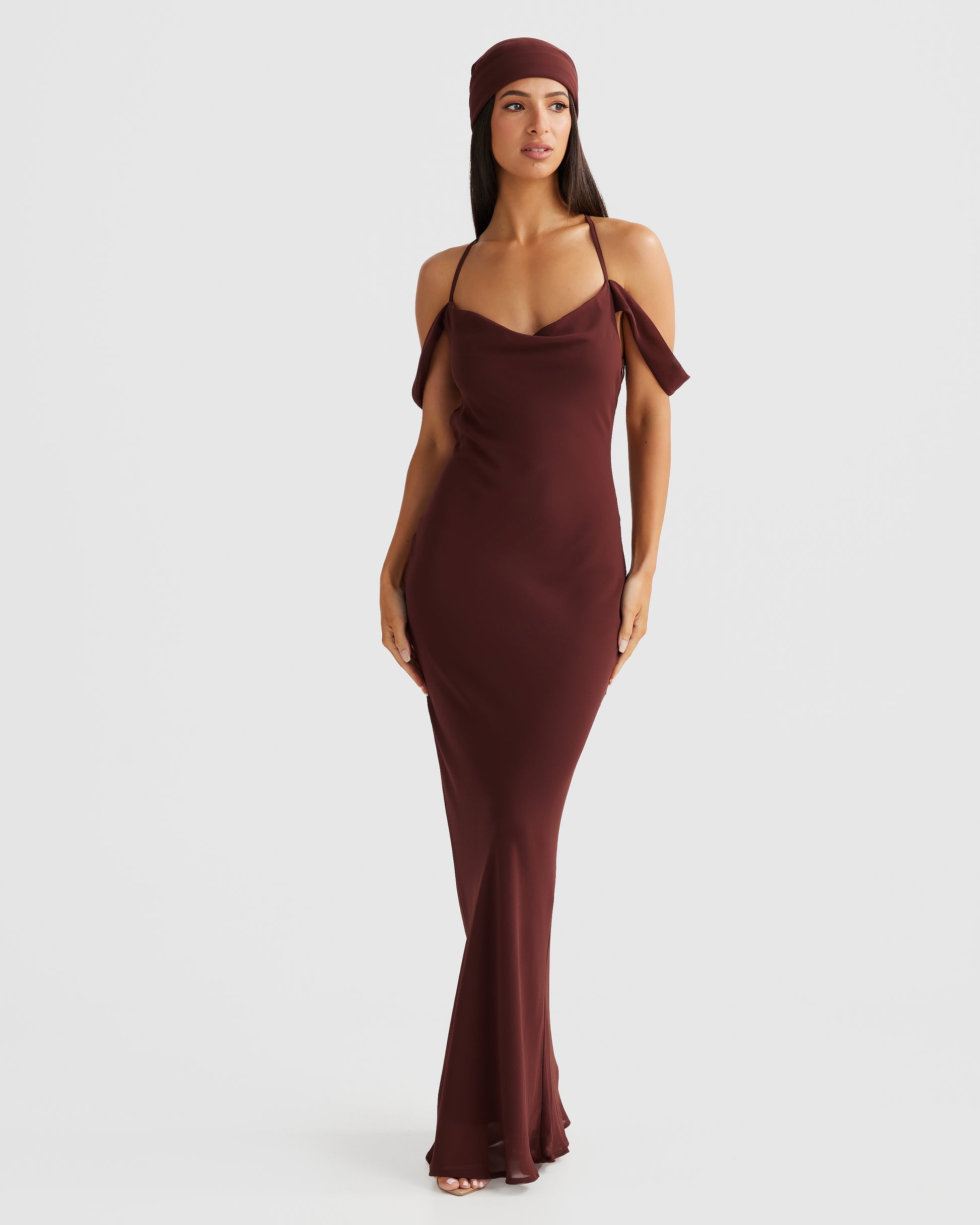 MÉLANI The Label VIENNA Brown Low Back Chiffon Maxi Dress