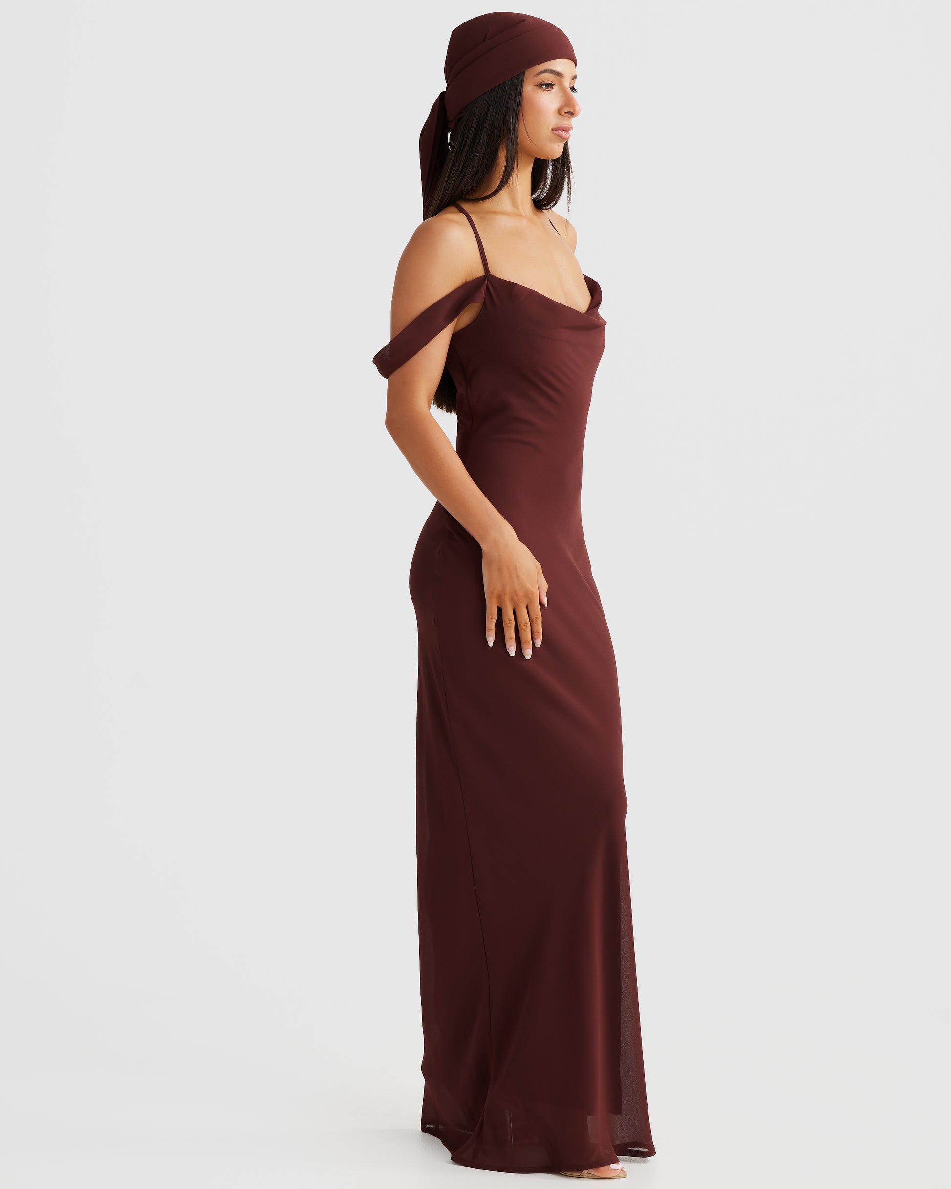 MÉLANI The Label VIENNA Brown Low Back Chiffon Maxi Dress