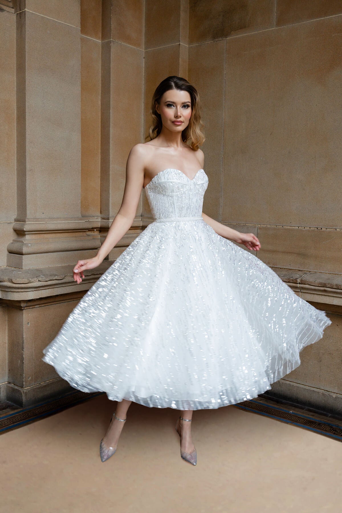Fraulein Label MONROE white strapless bustier corset sequin and feather midi dress, perfect for hens parties and second bridal occasions.