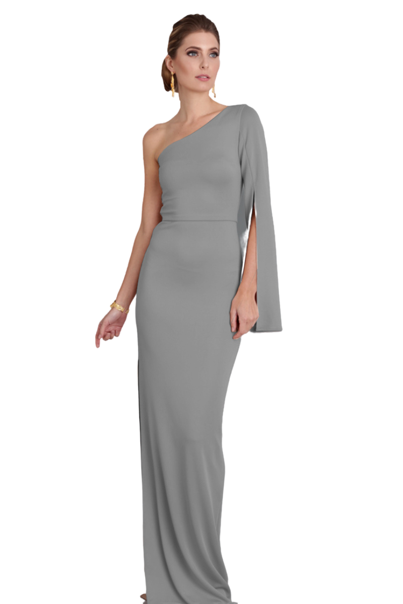 Pia Gladys Perey NORLIN silk jersey long sleeve mermaid dress with asymmetric shoulder, side slit. Evening gown. Brisbane to Gold Coast.