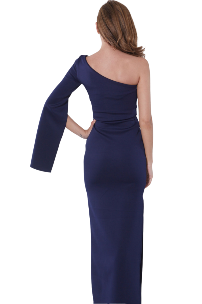 NORLIN Silk Jersey dress with asymmetric sleeve, side view showing long mermaid silhouette. Evening gown suitable for Brisbane to Gold Coast.