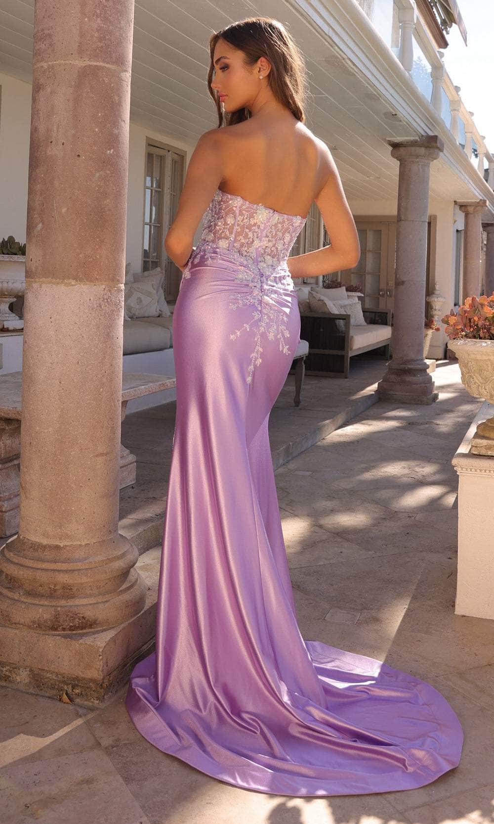 VEGA strapless lilac lace corset school formal dress with silk mermaid skirt. Perfect for prom, Brisbane to Gold Coast.
