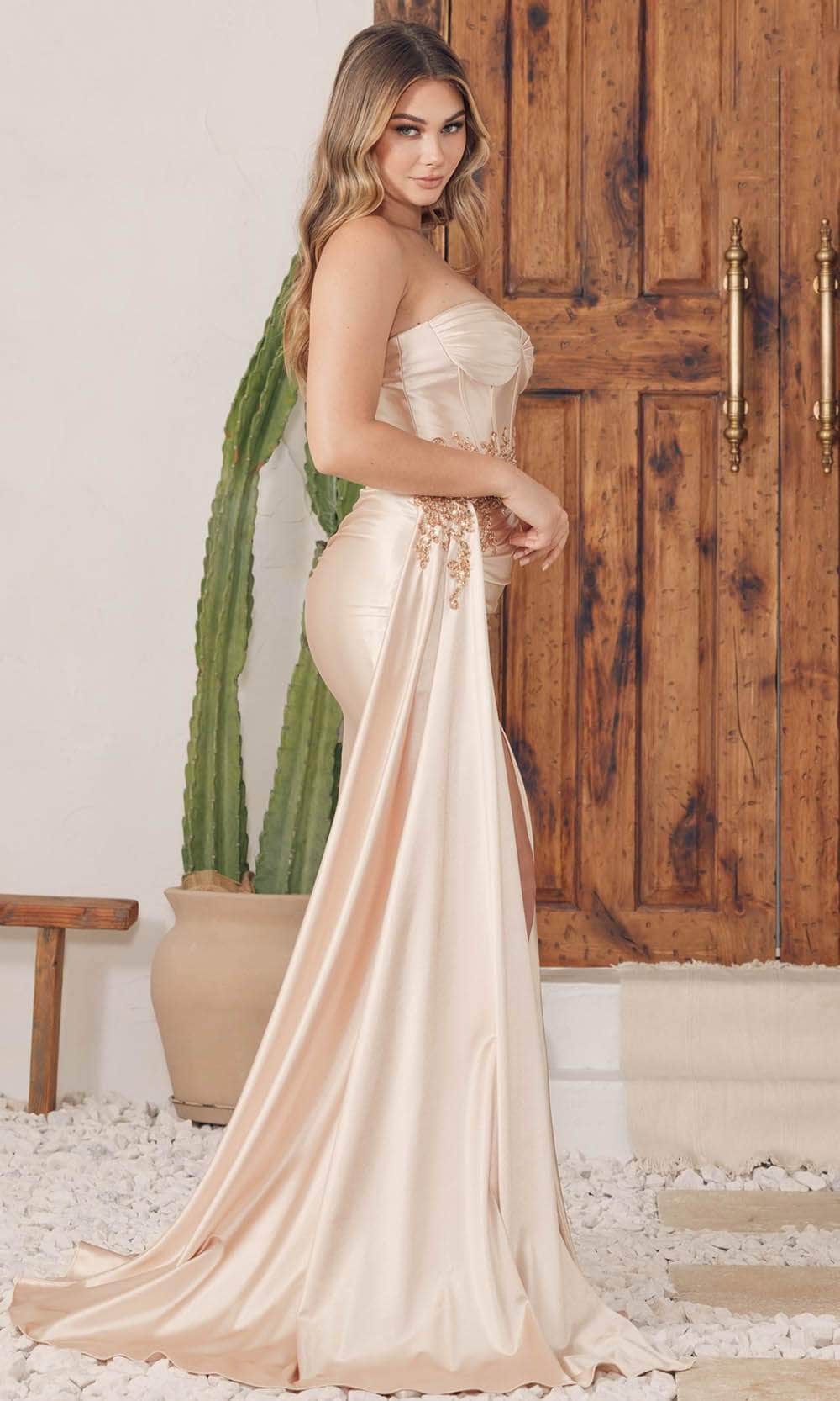 SHANNON One Shoulder Embroidered Satin Prom Gown with high slit, Brisbane to Gold Coast.