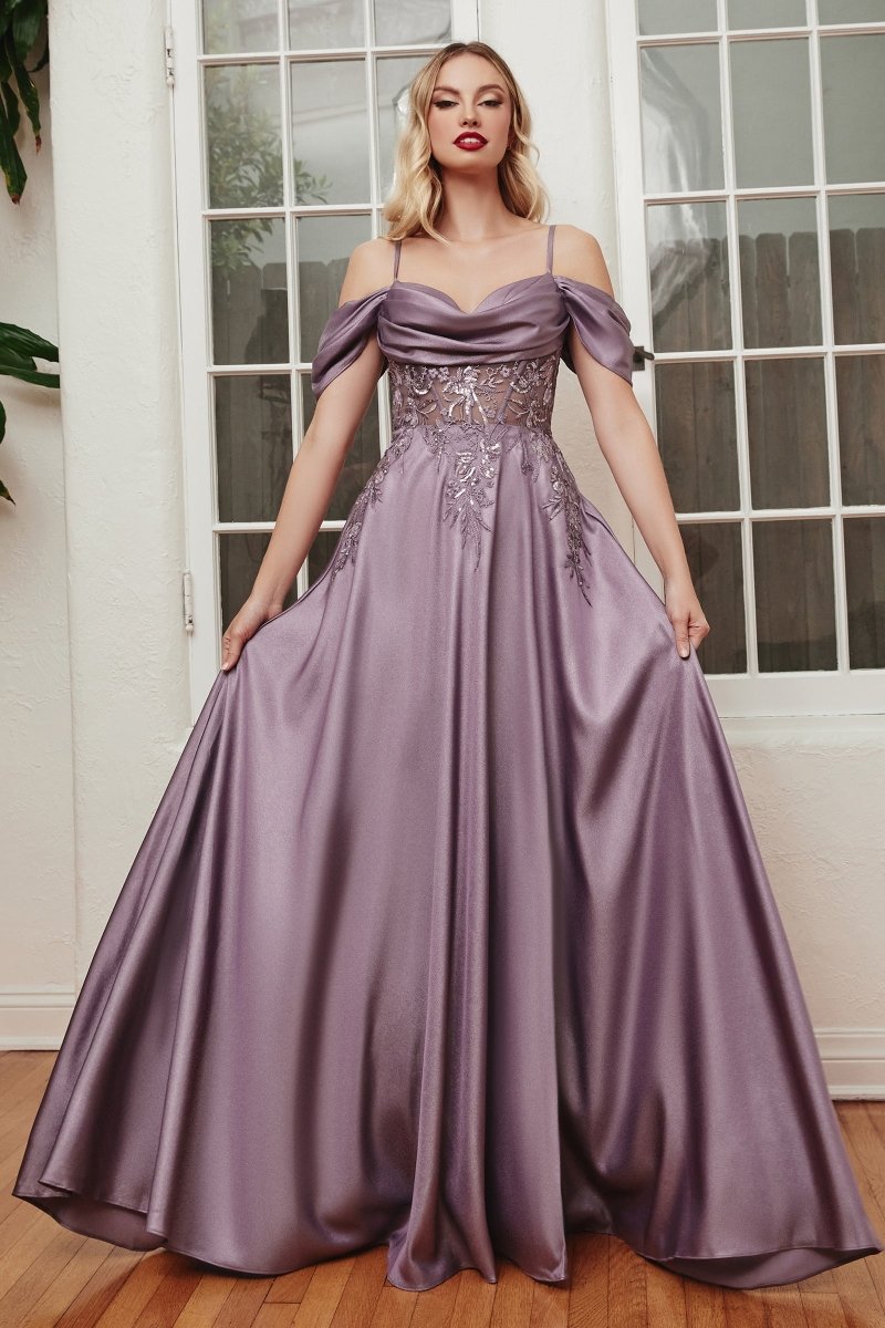 MARIKA Beaded Off the Shoulder A-Line Corset Formal Dress with satin finish, perfect prom gown. Brisbane to Gold Coast.