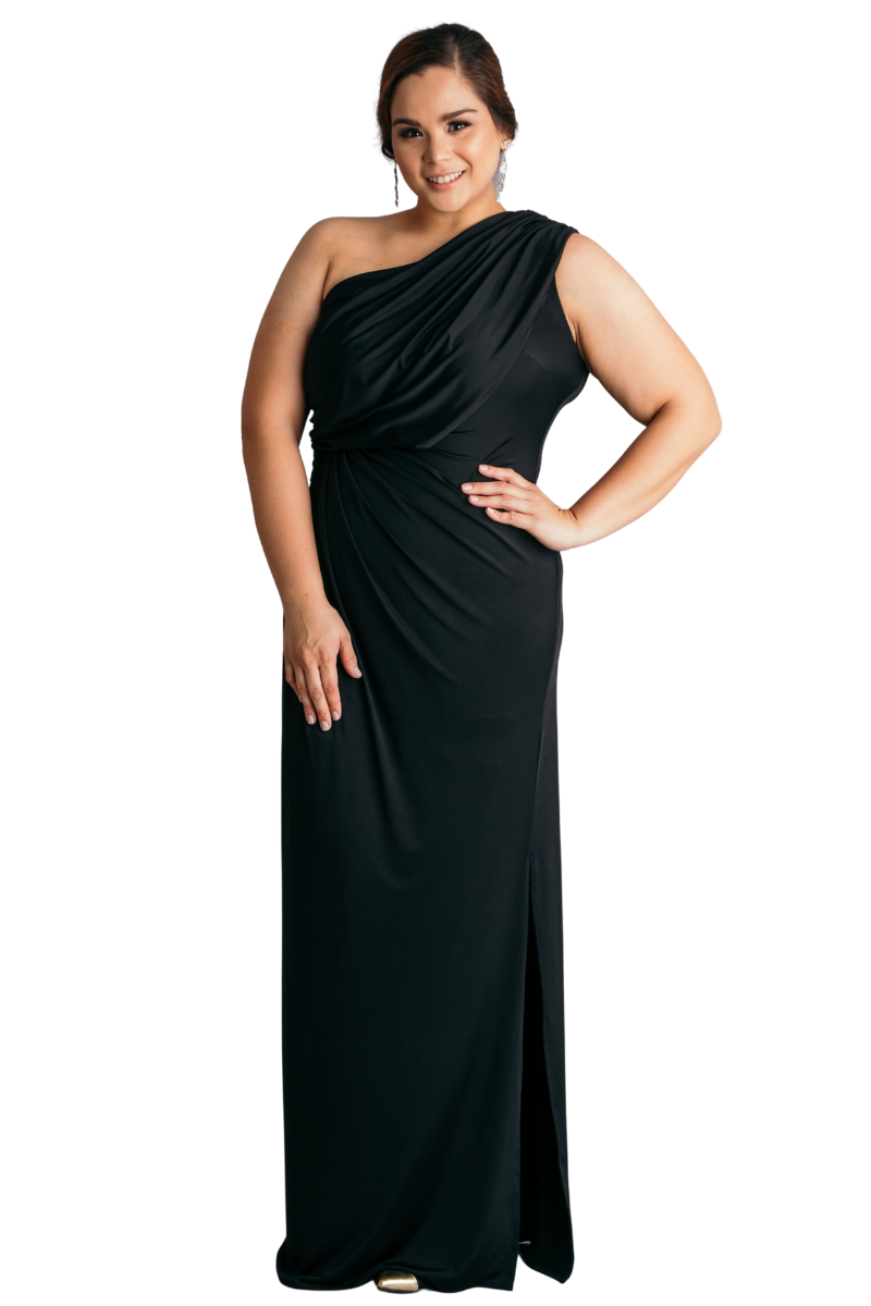 PFEIFFER Asymmetric One Shoulder Bridesmaid Dress, featuring draped sash and side slit, styled for elegance. Brisbane to Gold Coast.