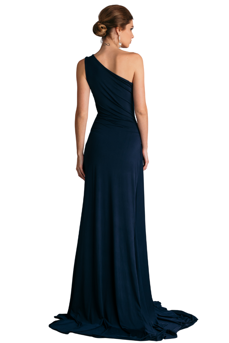 RISSA Silk Jersey one-shoulder bridesmaid dress with pleated asymmetric neckline. Elegant mermaid silhouette, perfect for weddings. Brisbane to Gold Coast.