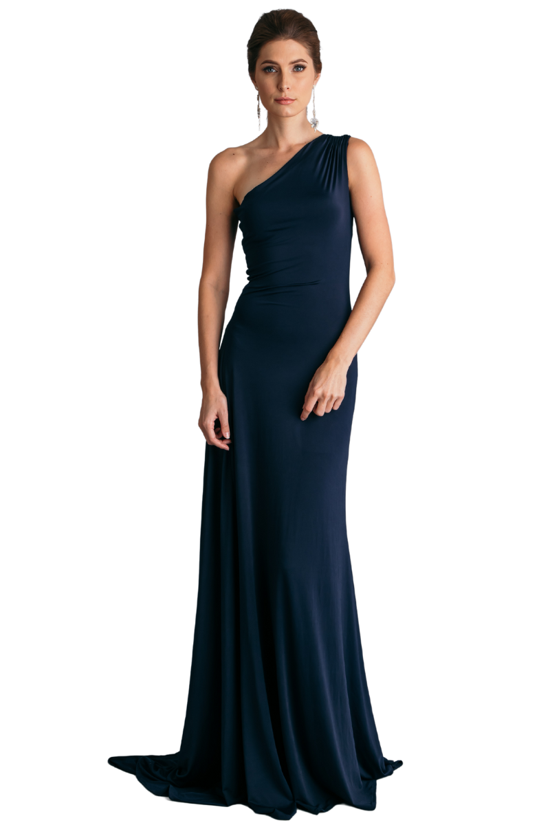 RISSA Silk Jersey Asymmetric One Shoulder Dress with pleated neckline, mermaid bridesmaid style, Brisbane to Gold Coast.