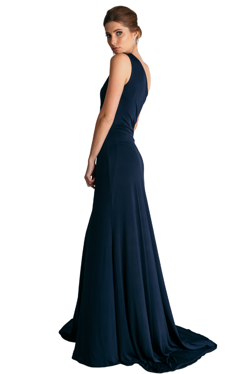 Pia Gladys Perey RISSA Asymmetric One Shoulder Bridesmaid Dress, featuring silky jersey fabric and a mermaid silhouette. Brisbane to Gold Coast.