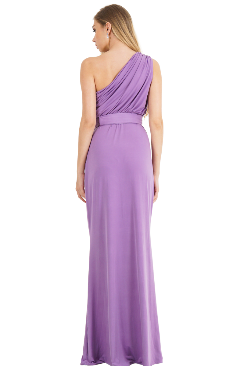 ROAN Silk Jersey Asymmetric One Shoulder Bridesmaid Dress with ruching and leg slit, Brisbane to Gold Coast.