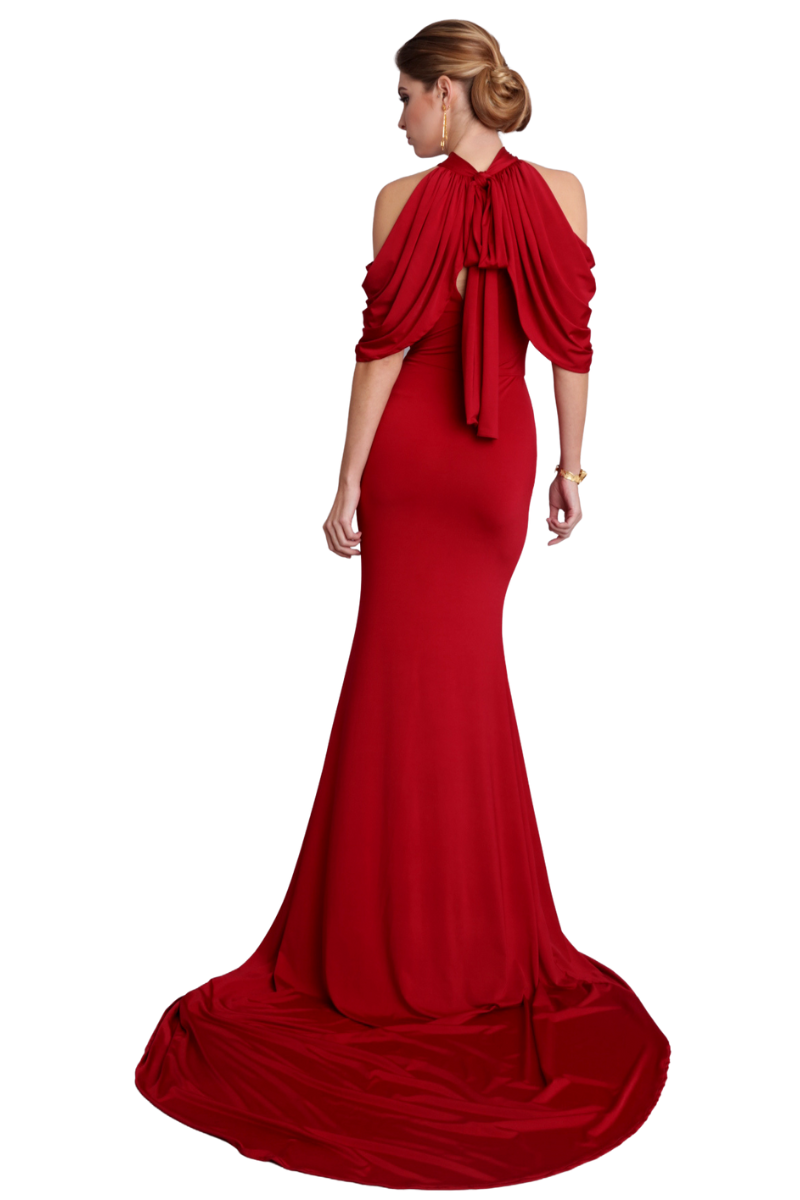 SADE Silk Jersey Bridesmaid Dress with bow back and sweep train, cold shoulder evening gown. Brisbane to Gold Coast, Australia.