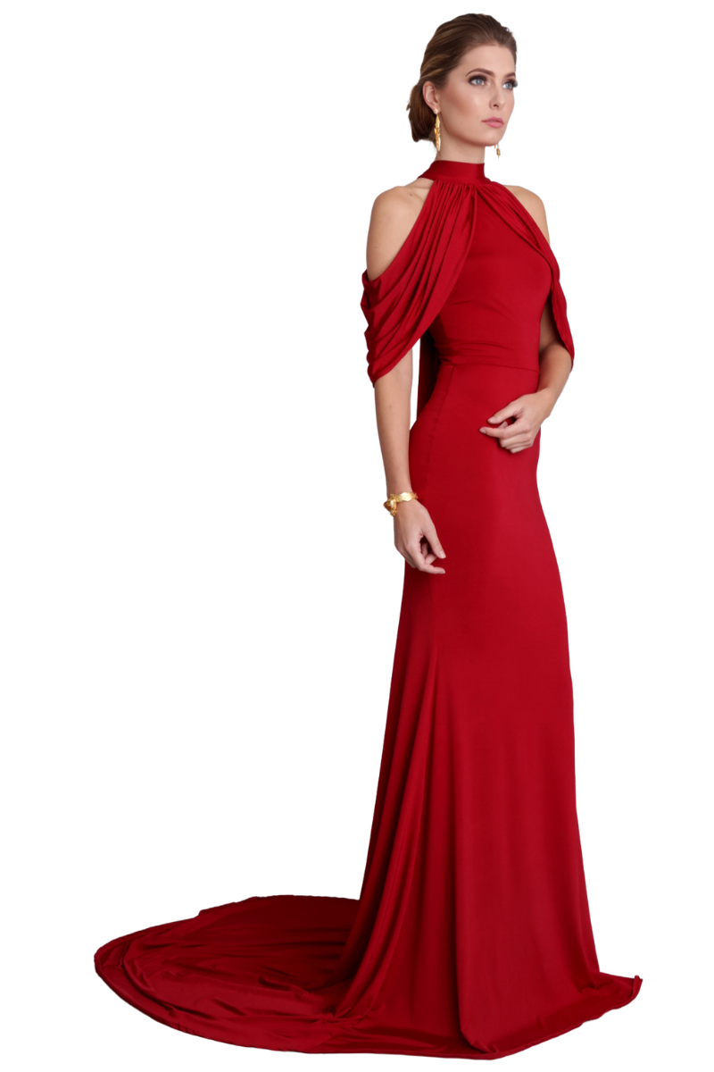 SADE Silk Jersey red mermaid bridesmaid dress with cold shoulder and bow back. Elegant evening gown, Brisbane to Gold Coast.