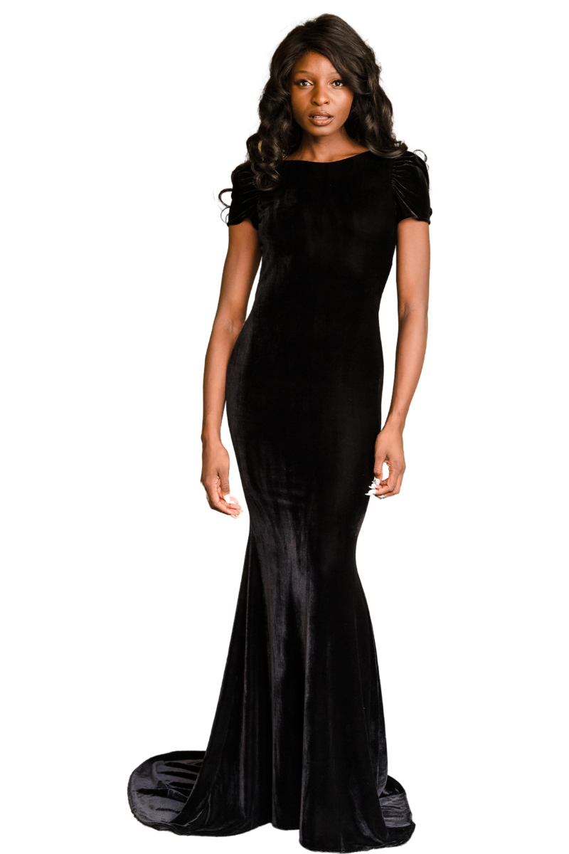 SATINE Velvet Cap Sleeve Mermaid Bridesmaid Dress with high neckline and mermaid train, available from Brisbane to Gold Coast.