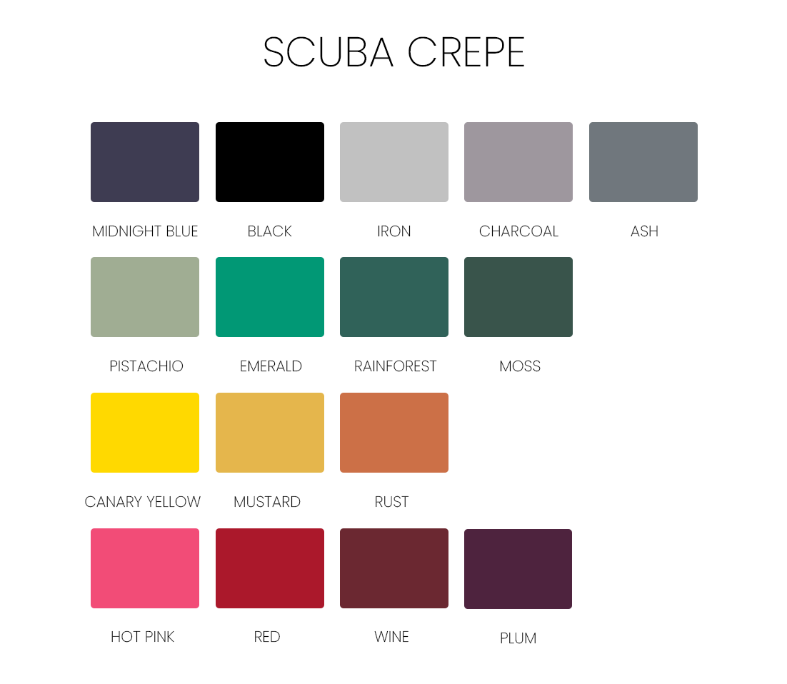 Color palette of Scuba Crepe fabric with 15 shades including Midnight Blue, Black, Iron, Charcoal, Ash, Pistachio, and more.