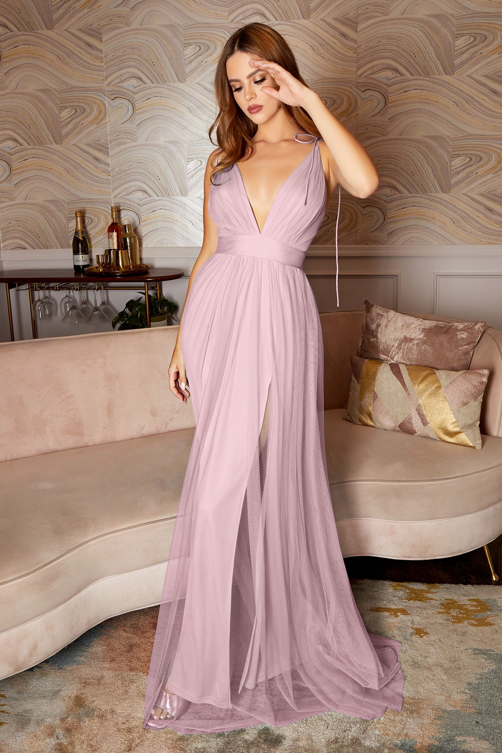 BEAU Tulle A-Line Semi Formal Dress with a double leg cut and deep plunging neckline. Perfect prom gown from Brisbane to Gold Coast.