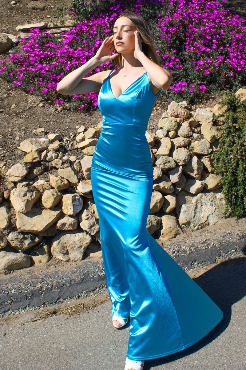 CYRUS Neon Low Back Mermaid Dress with Luxe Stretch Fabric, Perfect for Formal Events. Striking Blue Gown, Brisbane to Gold Coast.
