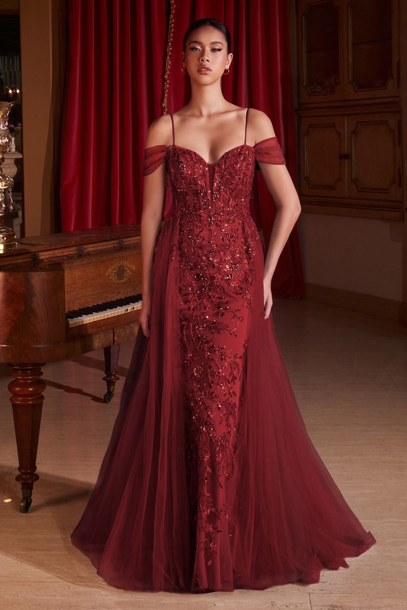 AILIS elegant off-shoulder floral overlay mermaid prom dress, featuring tulle straps and intricate lace. Perfect for Brisbane to Gold Coast.