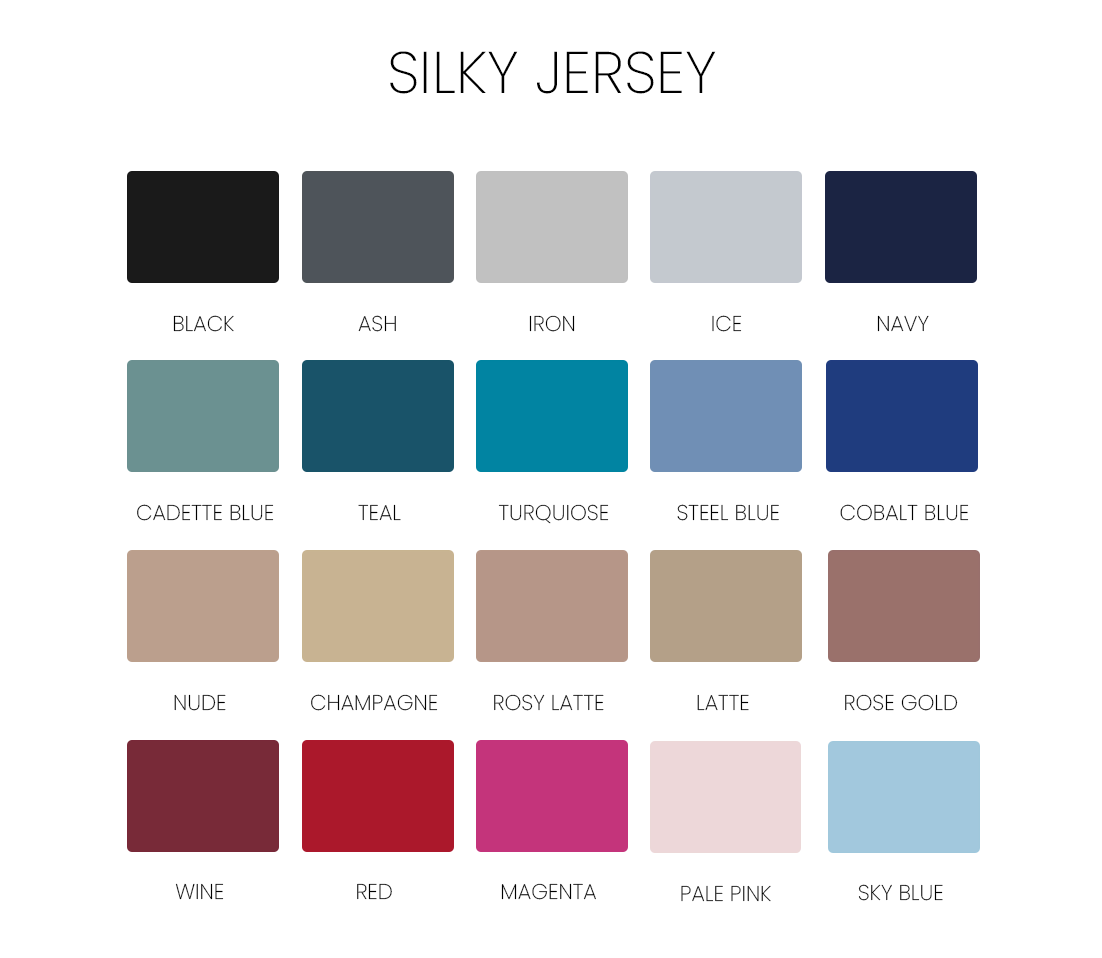 Silky jersey fabric color chart showcasing 20 shades including black, ash, teal, and rose gold.