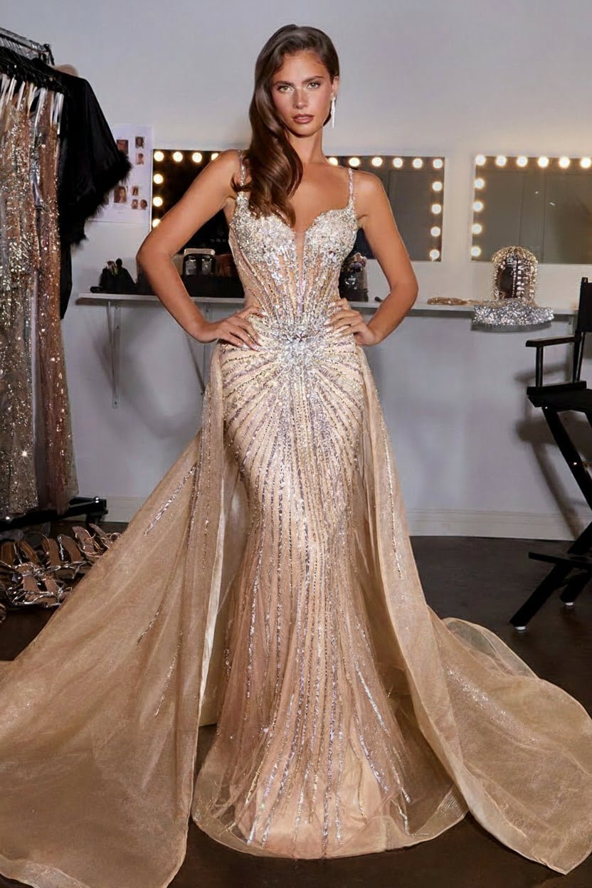 formal dresses with beading SLOAN Crystal Beaded Corset Gown Detachable Overskirt – One Honey Champagne Gold / 16 USA simprosys-exclude Women's Dresses - COS Color:Red/Black Black Green
