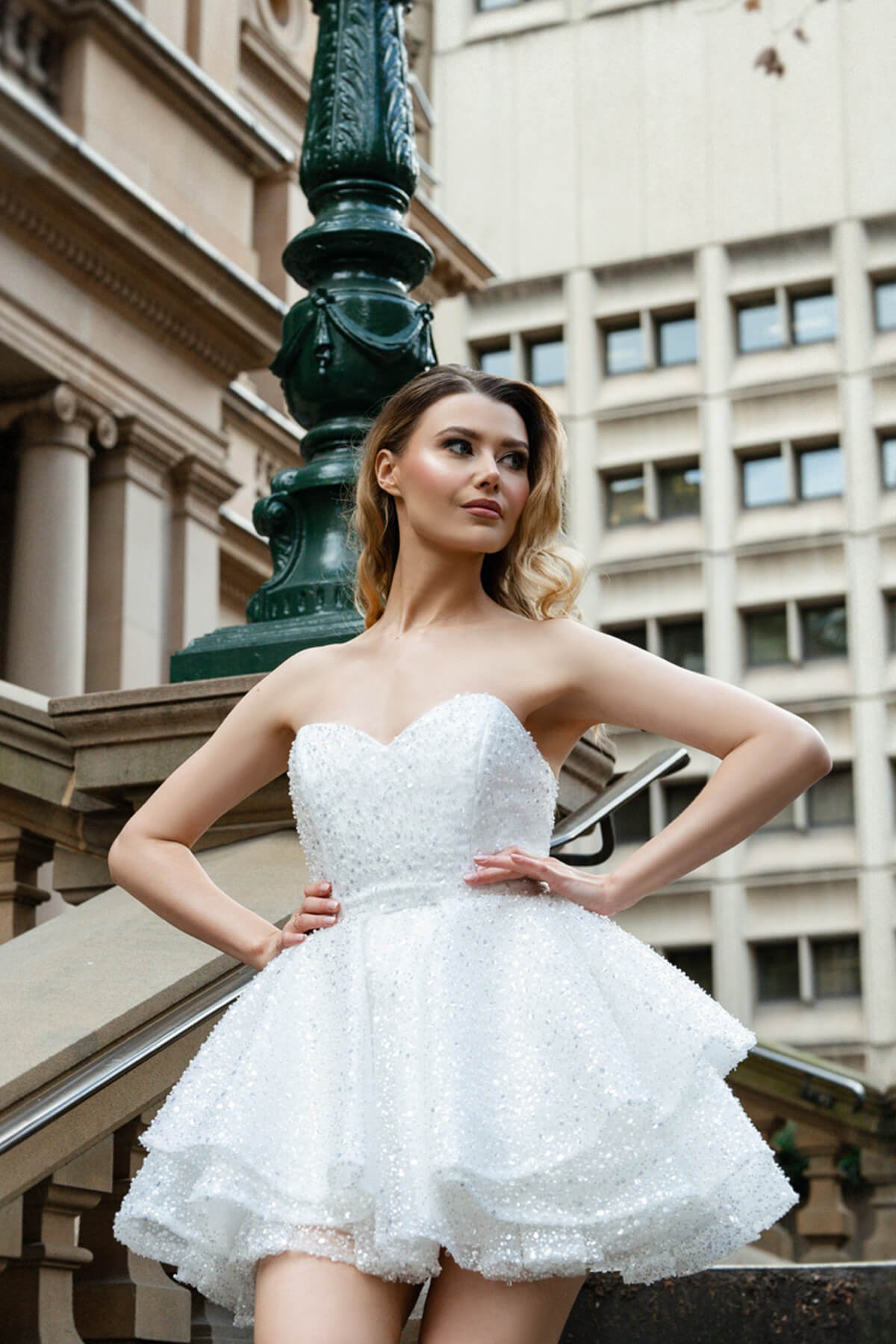 Fraulein Label SNOW WHITE strapless pearl and sequin mini dress at hens party, ideal as second bridal dress by Australian designer.