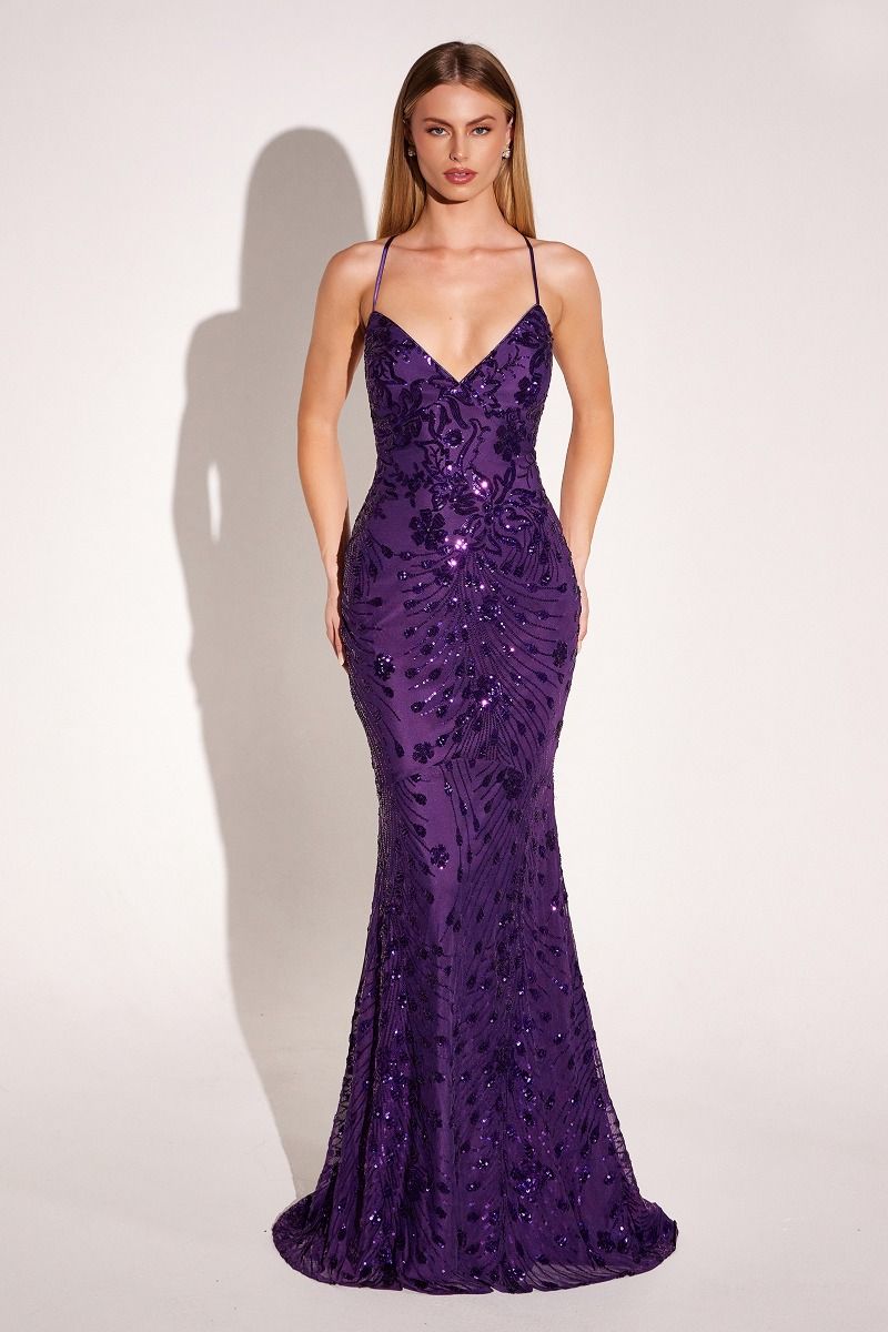 KIA V-neck sequin prom gown with low open back and crisscross straps, perfect for formal events, Brisbane to Gold Coast.