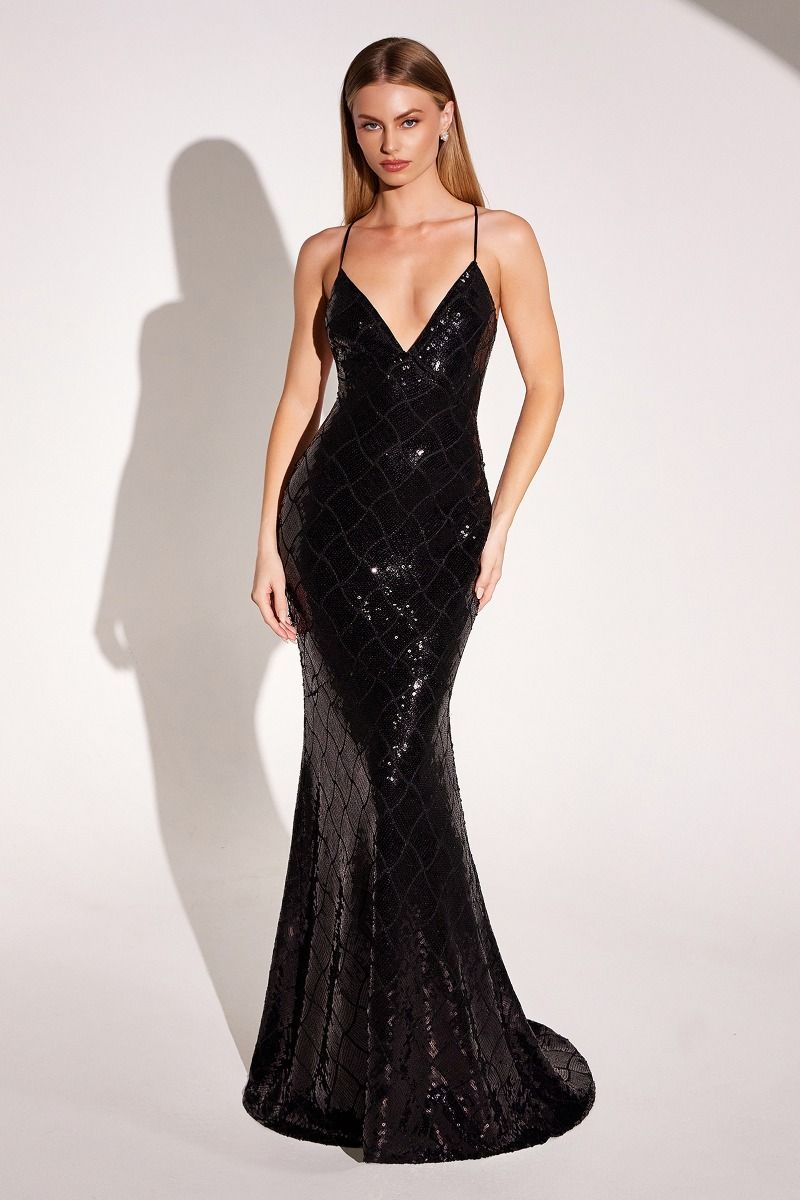 ZIA Low Back V Front sequin prom gown with shimmering black overlay and crisscross straps. Perfect for formal events. Brisbane to Gold Coast.