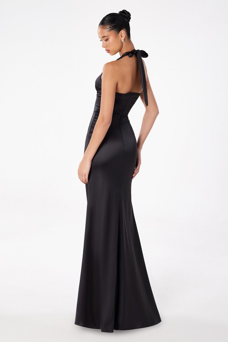 NOAH Satin Halter Neck Prom & Semi-Formal Dress featuring open back and fitted bodice, perfect for prom or semi-formal events, Brisbane to Gold Coast.