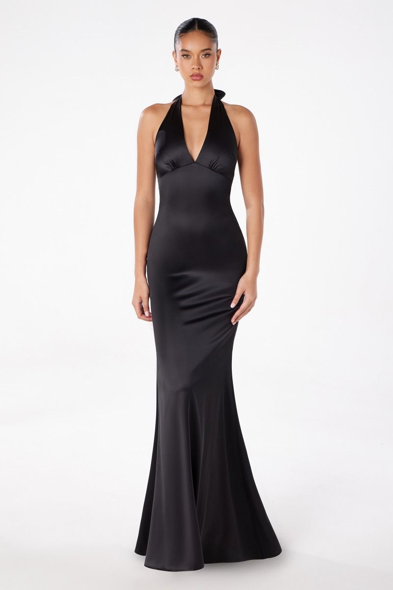 NOAH Satin halter neck prom dress with open back, fitted silhouette. Elegant semi-formal gown for events from Brisbane to Gold Coast.