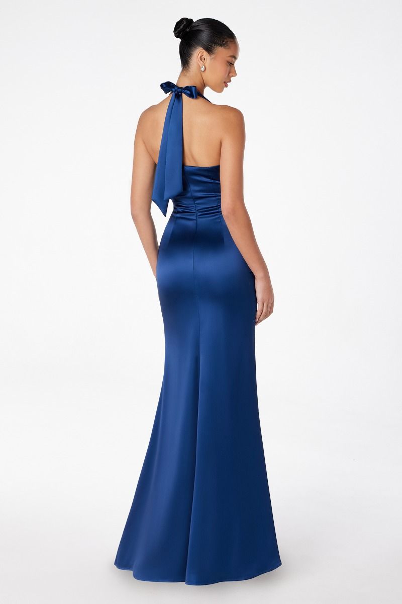 NOAH Satin Halter Neck with open back prom gown, showcasing luxurious silky fabric, Brisbane to Gold Coast, Australia.